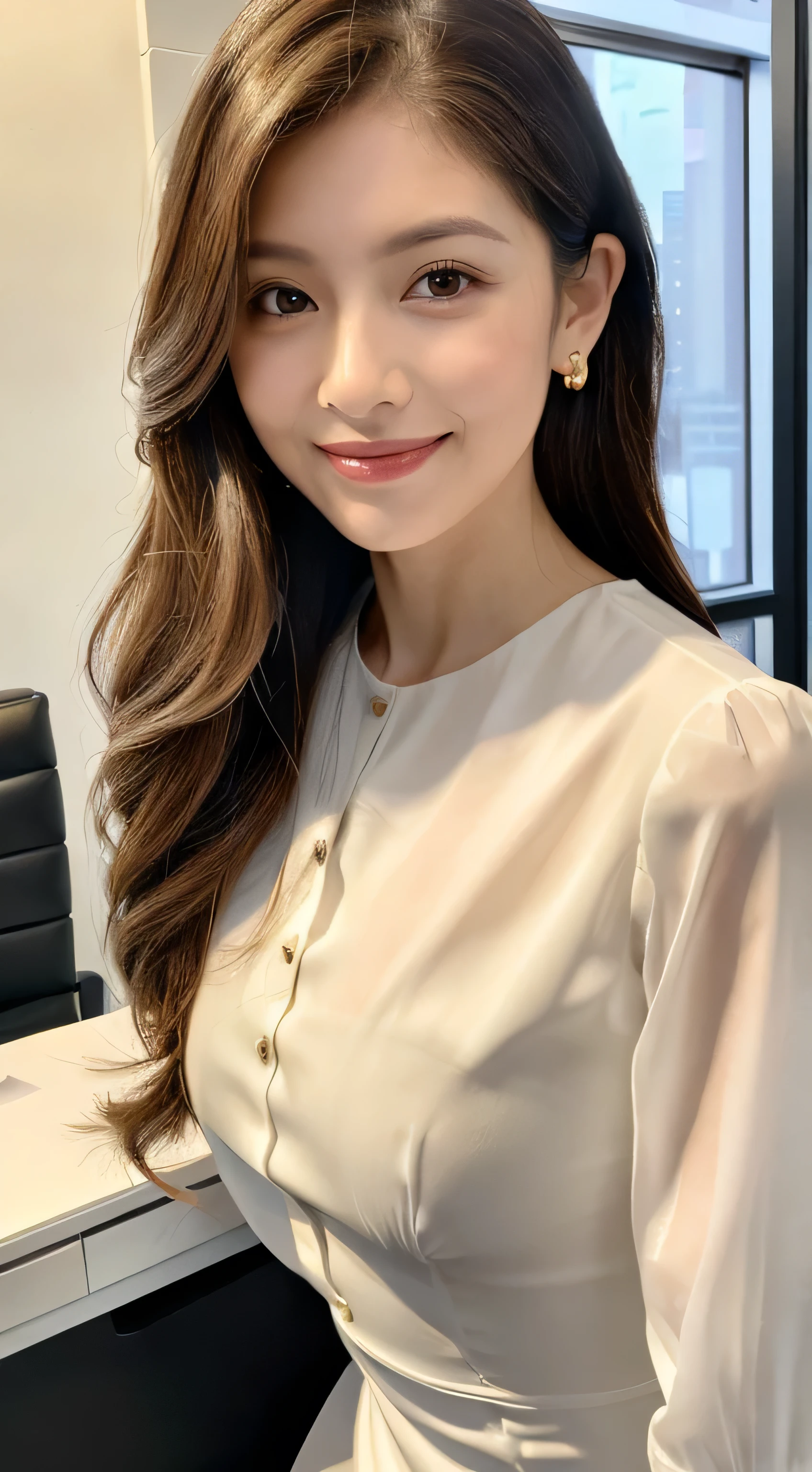 Beautiful detailed face、Pale skin、Realistic glowing skin、Detailed cloth texture、Detailed hair texture、Perfect body、Beautiful Face、correct、Anatomically correct、 Highly detailed face and skin texture、Natural neck length、(Beautiful Hands)、(Fair skin:1.2)、Thin legs、Thin legs、 Break Fine Eyes、Symmetrical eyes、Light brown eyes、double eyelid、Thin eyebrows、(Glossy Lips:1.4)、((Gentle smile:1.2))、(blush:1.1)、 break (Elegant and cute girl:1.3)、Medium-sized large breasts、(Slim body type:1.1)、Toned Abs、Beautiful clavicle、 (Dark Blonde、Wavy Hair、Long Hair:1.2)、 ((Asymmetrical bangs:1.2))、((In a stylish office at night:1.4))、(Cowboy Shot:1.2)、 ((wearing a white shirt mini dress_long see-through sleeves:1.4)、full body portrait