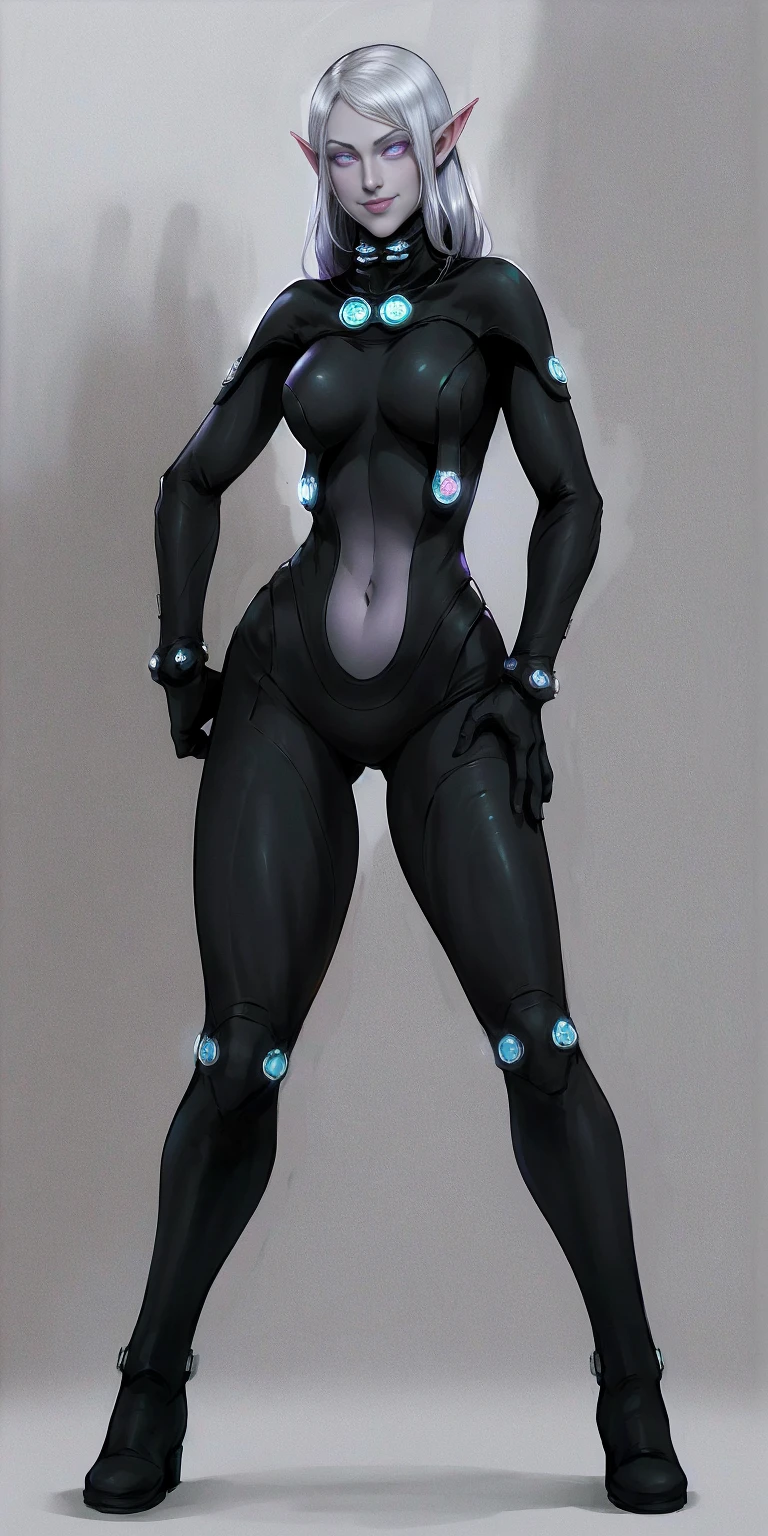 masterpiece, best quality, high quality, 1solo Female Drow Elf Gray skin smile, white silver hair and violet eyes, full body showing her back to me, black gantz suit, red gloves gauntlets, military high boots bootstraps, red cheeks, thick hips, hands on hips, metal handcuffs clenching fist