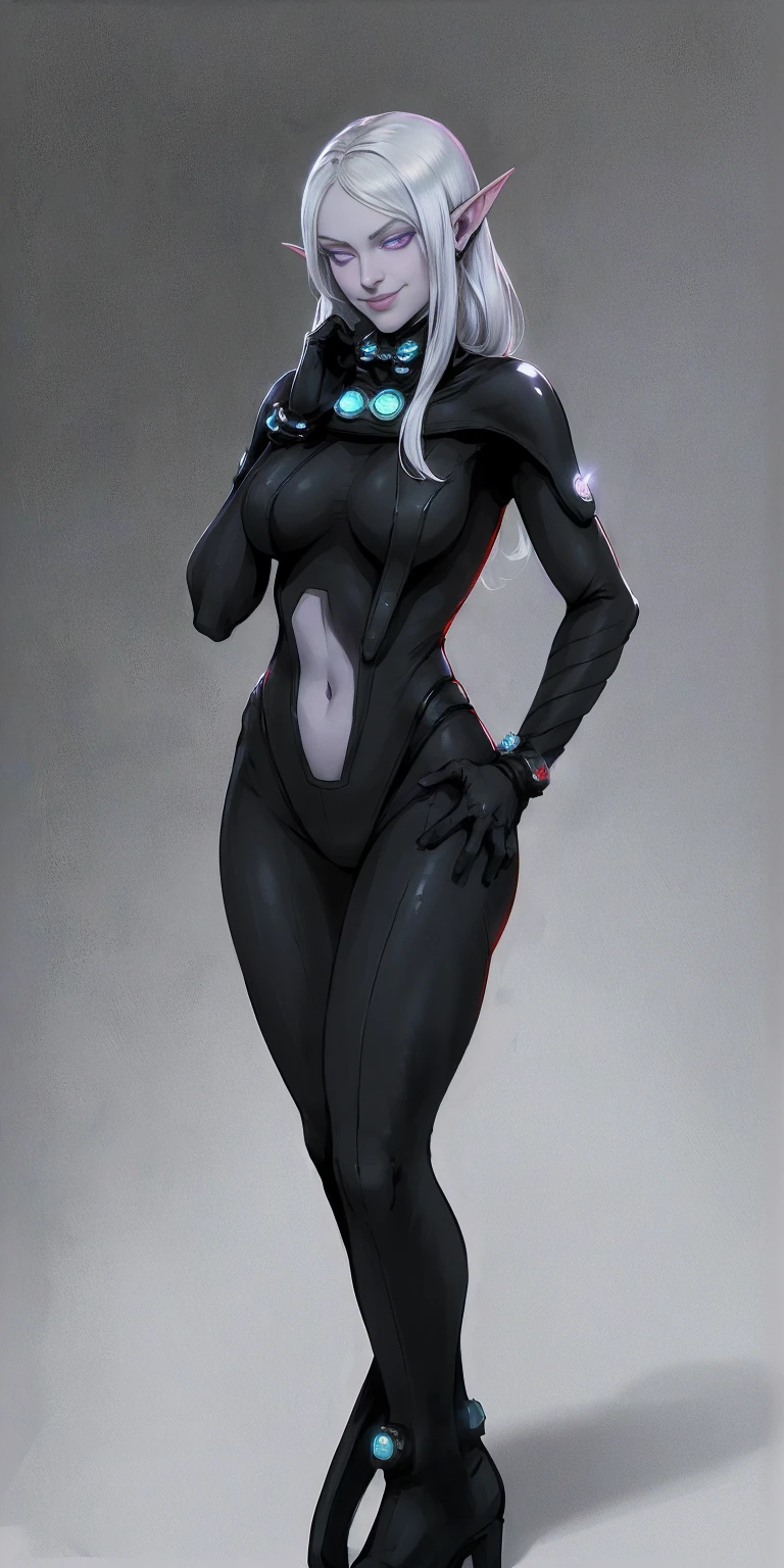 masterpiece, best quality, high quality, 1solo Female Drow Elf Gray skin smile, white silver hair and violet eyes, full body showing her back to me, black gantz suit, red gloves gauntlets, military high boots bootstraps, red cheeks, thick hips, hands on hips, metal handcuffs clenching fist