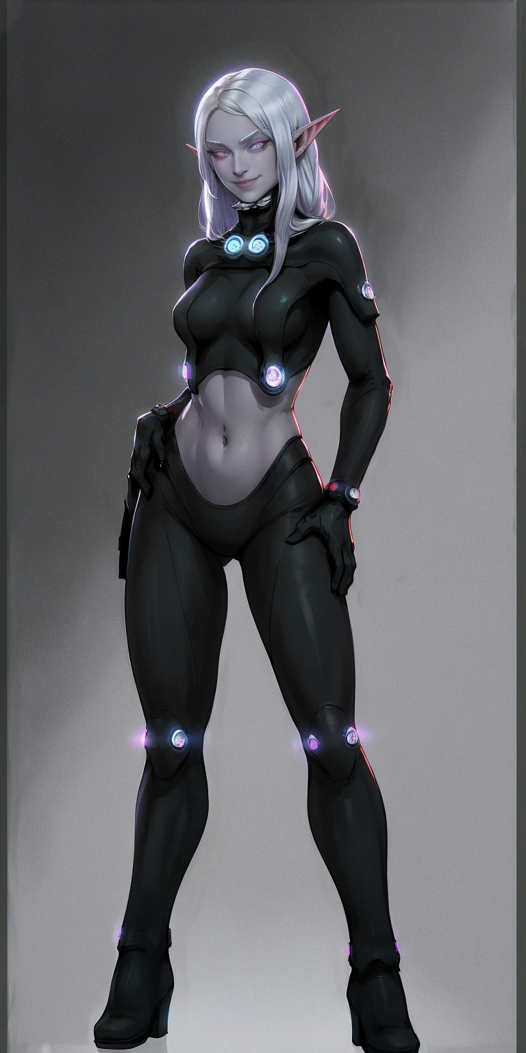 masterpiece, best quality, high quality, 1solo Female Drow Elf Gray skin smile, white silver hair and violet eyes, full body showing her back to me, black gantz suit, red gloves gauntlets, military high boots bootstraps, red cheeks, thick hips, hands on hips, metal handcuffs clenching fist