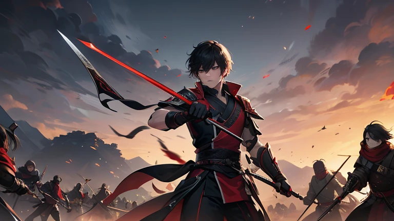 (active attention), (in the darkness: 1), (best quality), (Reality: 1), Movie Posters, Realistic skin texture, Very detailed, 8k wallpaper, Volumetric Lighting, Dynamic Lighting, a boy, Black short hair, Black robe, Red belt, Small amount of armor, Scapula, Waist protector, handguard, veil, Holding a long sword in front of him, Antique Chinese style, Waist dagger attack posture, Blood, Ripped Clothes, ancient chinese battlefield, A group of soldiers chasing, Arrows fly, war, night, Drama, Sword Qi Surrounding, Image Details, war, light,