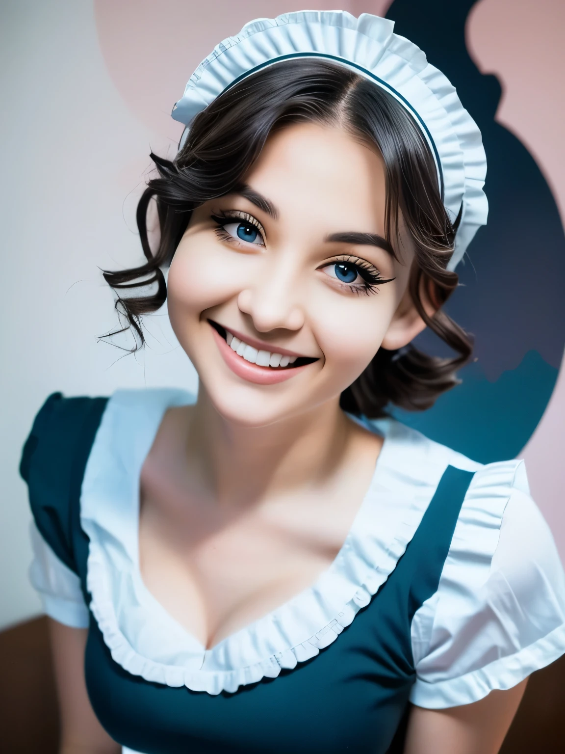 ((beautiful maid:1.5),high resolution, top quality),wearing maid's uniform,soft hands, big bright eyes, dark and vibrant curled hair, sweet smile, rosy cheeks, soft light, pure white background.  