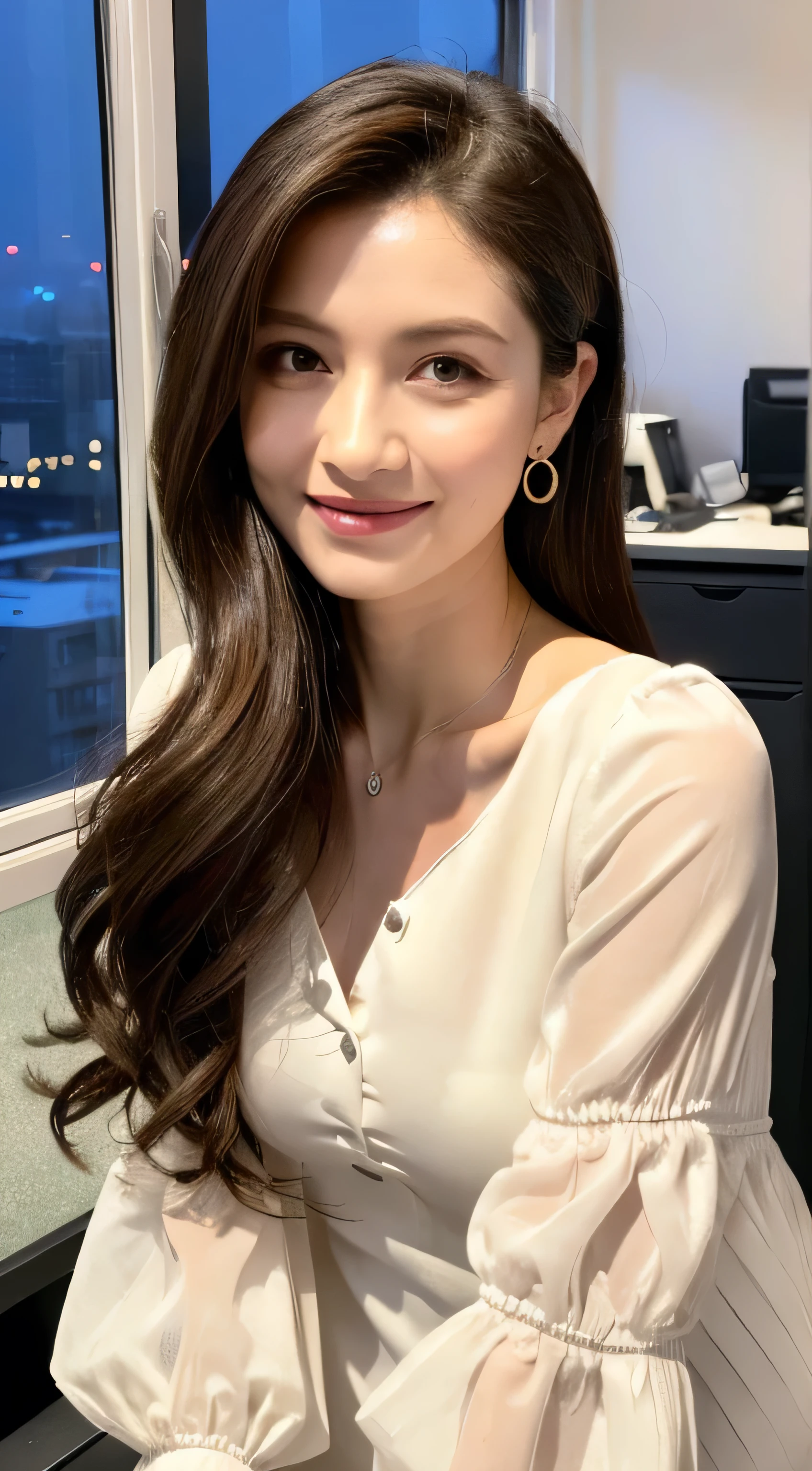 Beautiful detailed face、Pale skin、Realistic glowing skin、Detailed cloth texture、Detailed hair texture、Perfect body、Beautiful Face、correct、Anatomically correct、 Highly detailed face and skin texture、Natural neck length、(Beautiful Hands)、(Fair skin:1.2)、Thin legs、Thin legs、 Break Fine Eyes、Symmetrical eyes、Light brown eyes、double eyelid、Thin eyebrows、(Glossy Lips:1.4)、((Gentle smile:1.2))、(blush:1.1)、 break (Elegant and cute girl:1.3)、Medium-sized large breasts、(Slim body type:1.1)、Toned Abs、Beautiful clavicle、 (Dark Blonde、Wavy Hair、Long Hair:1.2)、 ((Asymmetrical bangs:1.2))、((In a stylish office at night:1.4))、(Cowboy Shot:1.2)、 ((wearing a white shirt mini dress:1.4)、