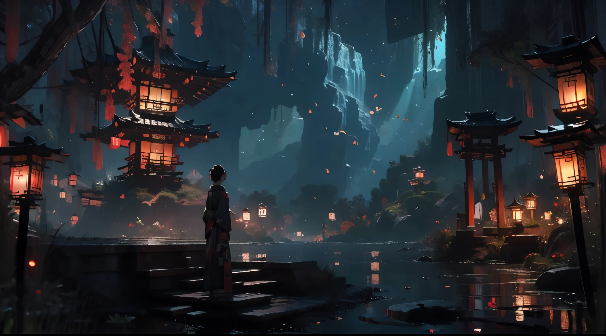 （masterpiece：1.2），Best quality，realistically，Tyndall effect，Underworld marriage，night， lantern， The tree， landscape， Exterior， 1 Girl， solo， Dark brown hair， Japanese clothes， From the back， Male focus， stand up， East Asian Architecture， buliding， sky sky， Night Sky， stairs， retreat，Backless Kimono，