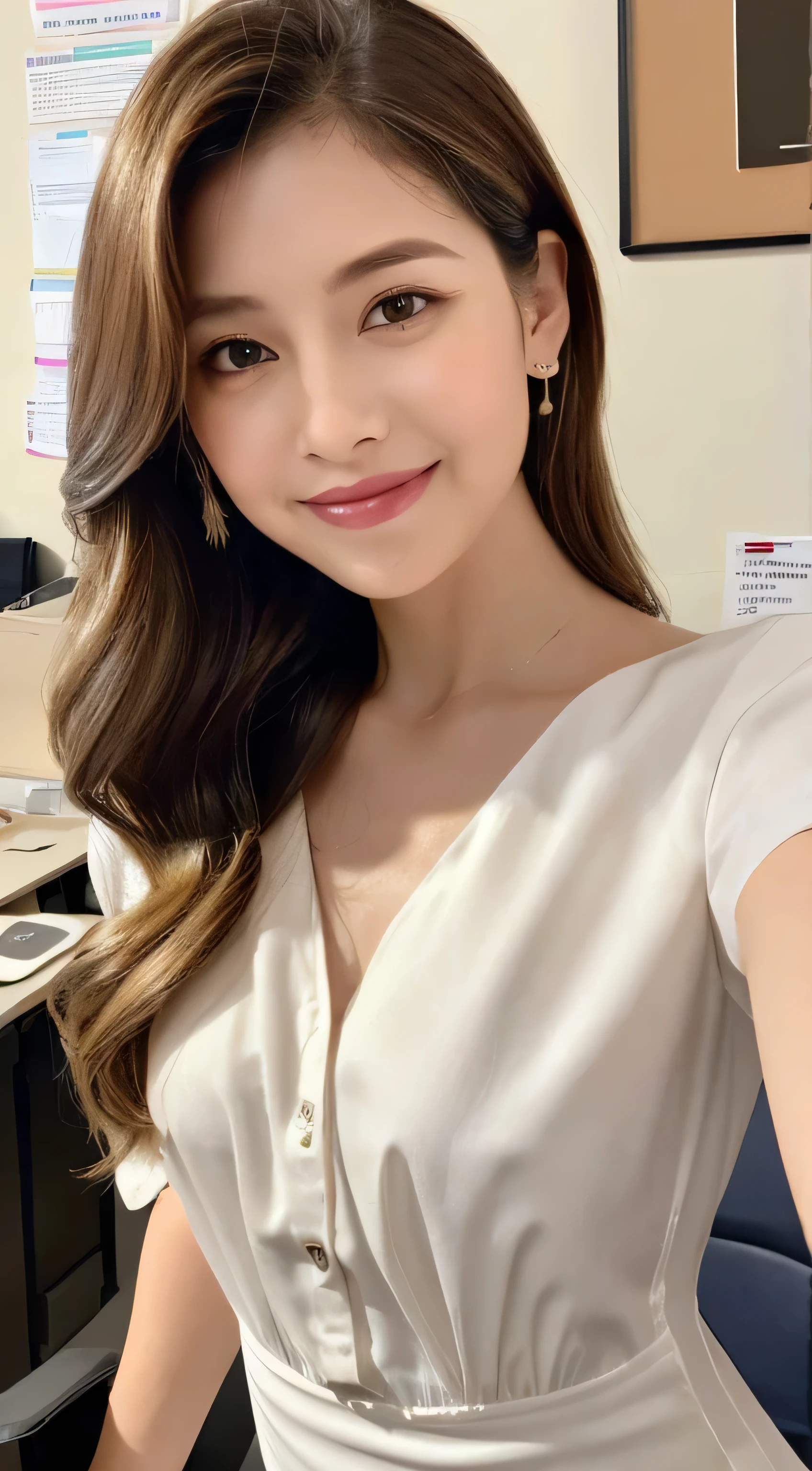 Beautiful detailed face、Pale skin、Realistic glowing skin、Detailed cloth texture、Detailed hair texture、Perfect body、Beautiful Face、correct、Anatomically correct、 Highly detailed face and skin texture、Natural neck length、(Beautiful Hands)、(Fair skin:1.2)、Thin legs、Thin legs、 Break Fine Eyes、Symmetrical eyes、Light brown eyes、double eyelid、Thin eyebrows、(Glossy Lips:1.4)、((Gentle smile:1.2))、(blush:1.1)、 break (Elegant and cute girl:1.3)、Medium-sized large breasts、(Slim body type:1.1)、Toned Abs、Beautiful clavicle、 (Dark Blonde、Wavy Hair、Long Hair:1.2)、 ((Asymmetrical bangs:1.2))、((In a stylish office at night:1.4))、(Cowboy Shot:1.2)、 ((wearing a white shirt mini dress:1.4)、