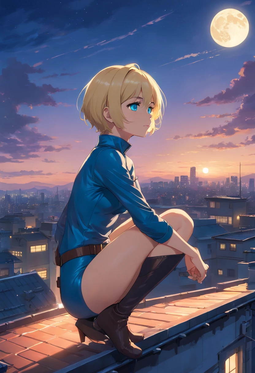 17 years old Women, ((Blonde)), ((Blue eyes)), ((Short hair)), ((Full shot)), She wears a catwoman costume, she is on a roof with the moon in the background ((Full Body))