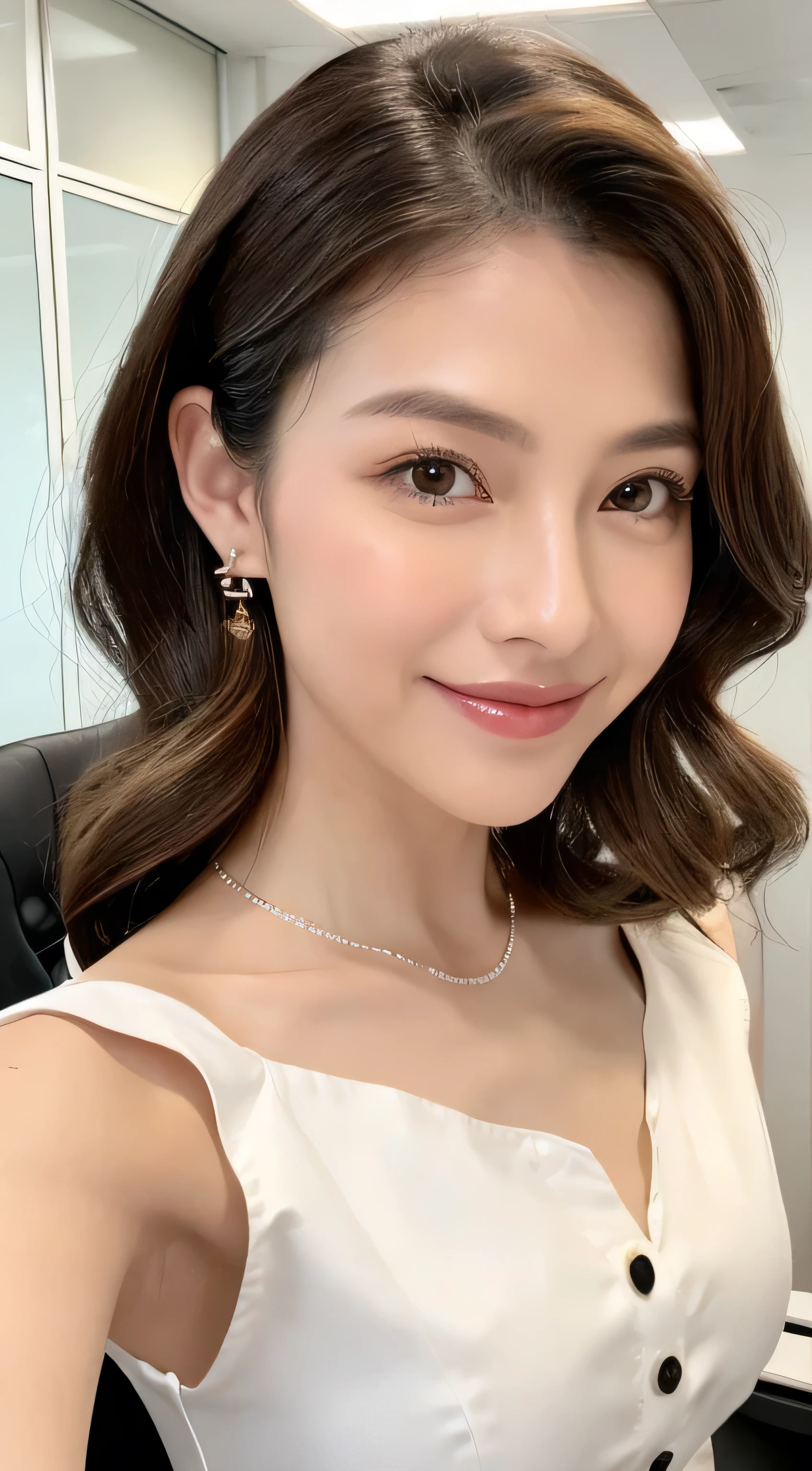 masterpiece, top-quality, 19 year old girl, Aquamarine eyes, Light brown highlight hair, layers-Cut、little smiling, a necklace、Pendants, Monotone background, hoop earings, jewely, looking at the viewers, doress, shorth hair, 独奏, The upper part of the body, Casual dresses, ((The perfect female figure)) Narrow waist, Looking at the front, enchanting posture, sexy pose, Fascinating, clean, beautiful countenance, Pure face, pale-skinned,Slimed、A slender、small tits、Very small bust、flat breast