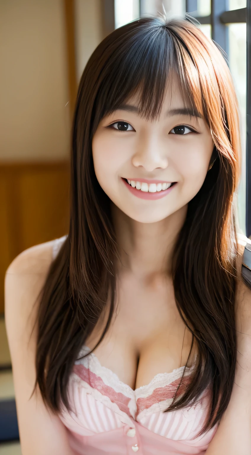 masterpiece,best quality,(Japanese ),((Beautiful girl)),cleavage,indoor,(perfect body beauty:1.2),(shy smile),beautiful teeth,