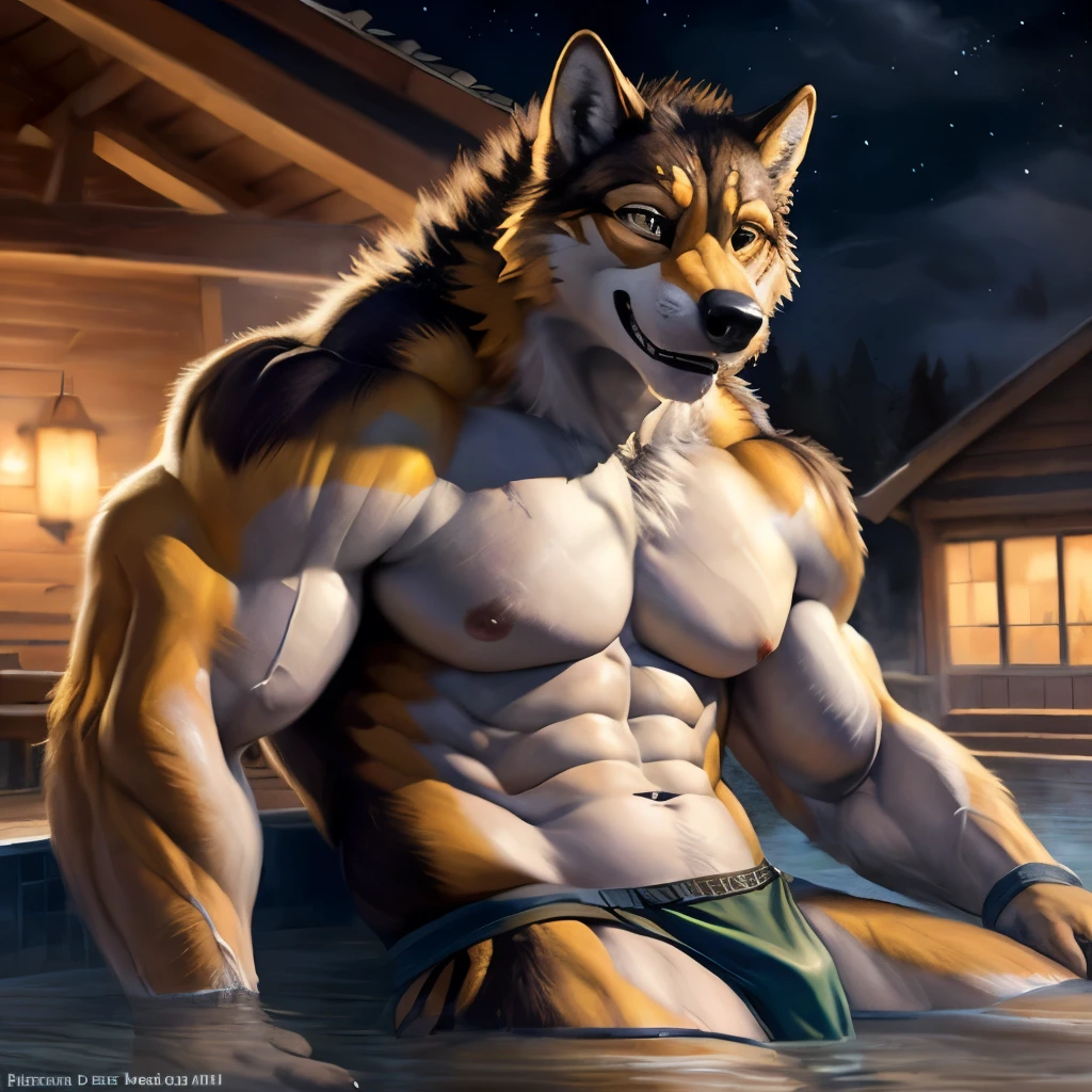 Barrel \(live_a_hero\), wolf, brown body, seductive smug face, bodybuilder, topless, muscular male, muscular, detailed muscles, detailed fur, bright fur, bright body, night, detailed face, high detailed, high resolution, underwear, high quality, detailed eyes, detailed background, thermal baths background, detailed muscular abs, huge muscular pecs, huge muscular biceps, thick muscular thighs, anthro, loincloth, male, full portrait, by bomb, by chunie, by bruteandbrawn, by personalami, by kenket, (intricate, high detail, film photography, soft focus, RAW candid cinema, photorealism, realistic, photorealistic, analog style, subsurface scattering, masterpiece, best quality, ultra realistic, 8k)