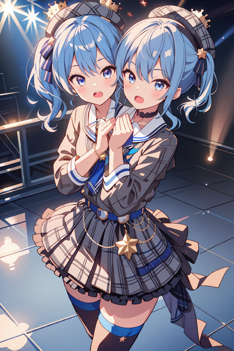 (masterpiece, best quality), best resolution, 16k, (2heads:1.5), close-up, 1girl, solo, HoshimachiSuisei, side ponytail, blue hair ribbon, SuiseiBase, plaid beret, crown, blue star choker, star earrings, blue ascot, plaid jacket, plaid skirt, layered skirt, partially fingerless gloves, star bracelet, uneven legwear, thigh strap, (standing, stand straight), look at viewer, ((own hands together, praying hangs)), (cheek-to-cheek), singing, open mouth, stable, concert stage, starfield, spotlight