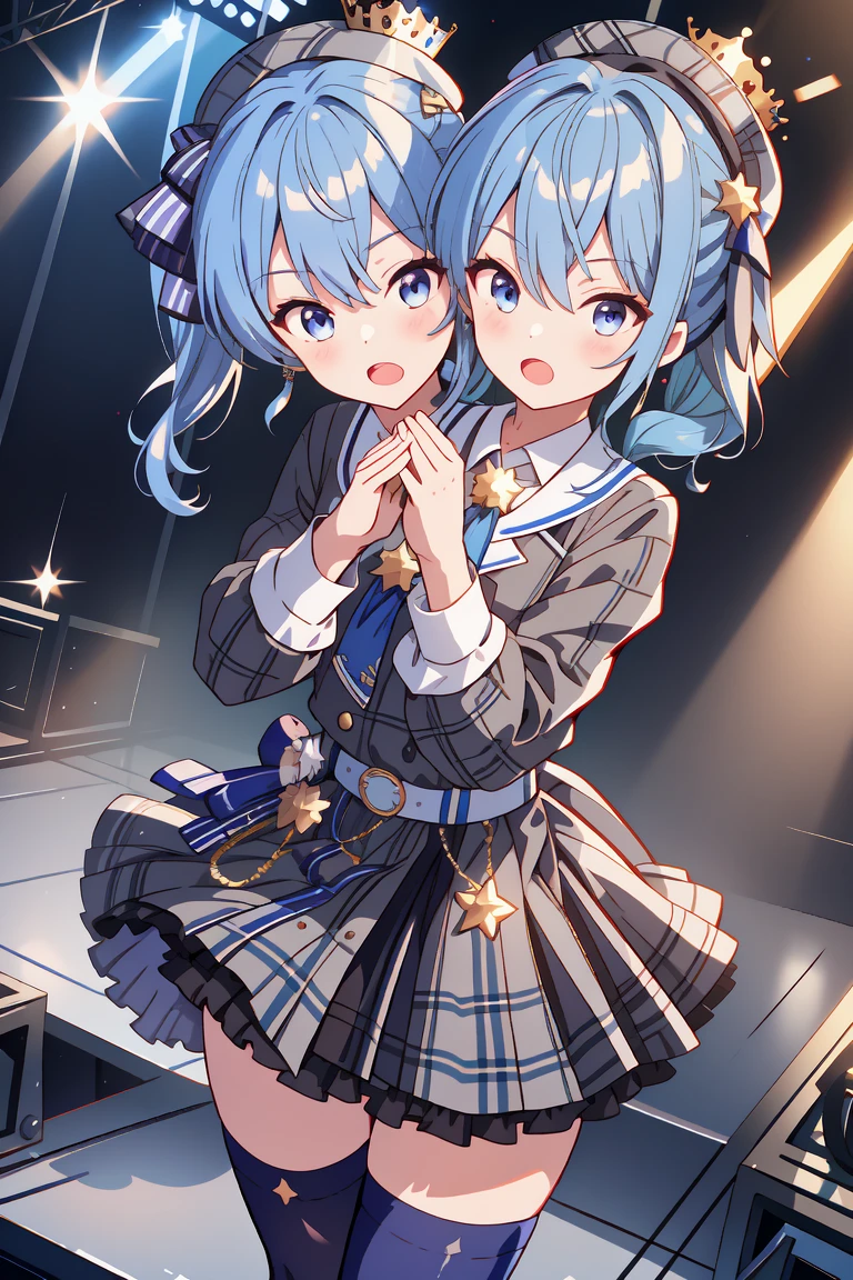 (masterpiece, best quality), best resolution, 16k, (2heads:1.5), close-up, 1girl, solo, HoshimachiSuisei, side ponytail, blue hair ribbon, SuiseiBase, plaid beret, crown, blue star choker, star earrings, blue ascot, plaid jacket, plaid skirt, layered skirt, partially fingerless gloves, star bracelet, uneven legwear, thigh strap, (standing, stand straight), look at viewer, ((own hands together, praying hangs)), (cheek-to-cheek), singing, open mouth, stable, concert stage, starfield, spotlight