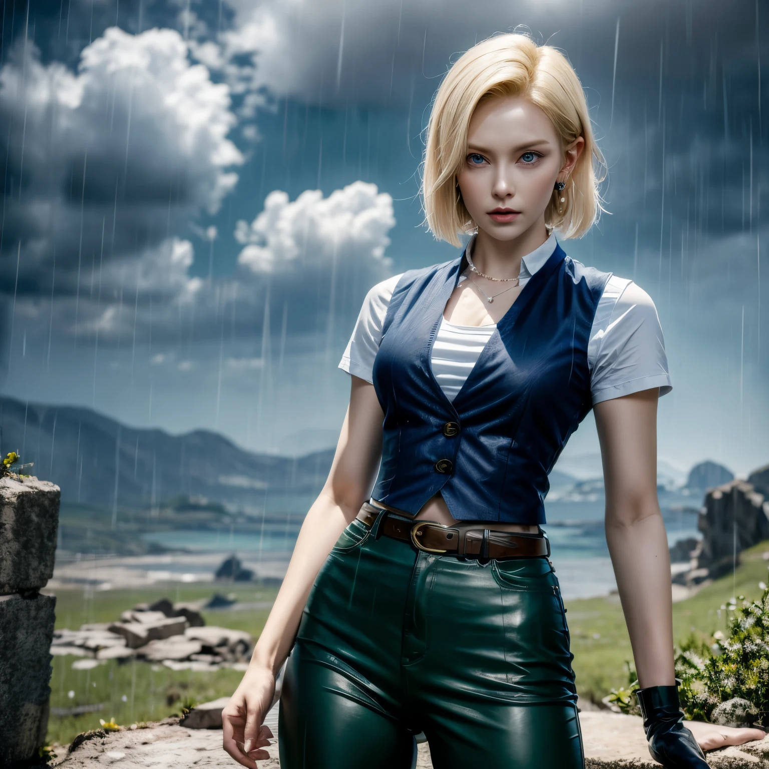 best quality, high-res, and18, 1girl, android 18, solo, blonde hair, blue eyes, belt, green jeans, pearl necklace, bracelets, black gloves, white shirt, short hair, short sleeves, earrings, green leggings, open vest, black vest, medium breasts, cowboy shot, battle ruins, straight-on, mountain view, (weather: rainy), random expresion, combat stance, wide hips, torn, clothes,