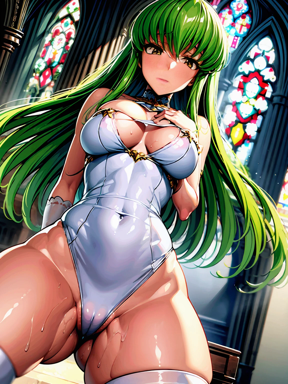 c.c.、Code Geass、Green Hair、Wedding dress、church、Stained glass、Cute Woman、Thick thighs、Best image quality、High resolution、masterpiece、super high quality、Spread your legsしゃがむ、orgasm face、Spread your legsしゃがむ、Black patterned panties、Big Ass、Big Breasts 、Blushing、4K quality、Blushing、Proud face、Wearing black knee socks、bed、Spread your legsしゃがむ、Sweaty all over、Heavy breathing、Chest is bobbing up and down、heart、Condescending look、Low - Angle、Zoom in on the crotch、Cowboy Shot, Spread your legs、spread legs