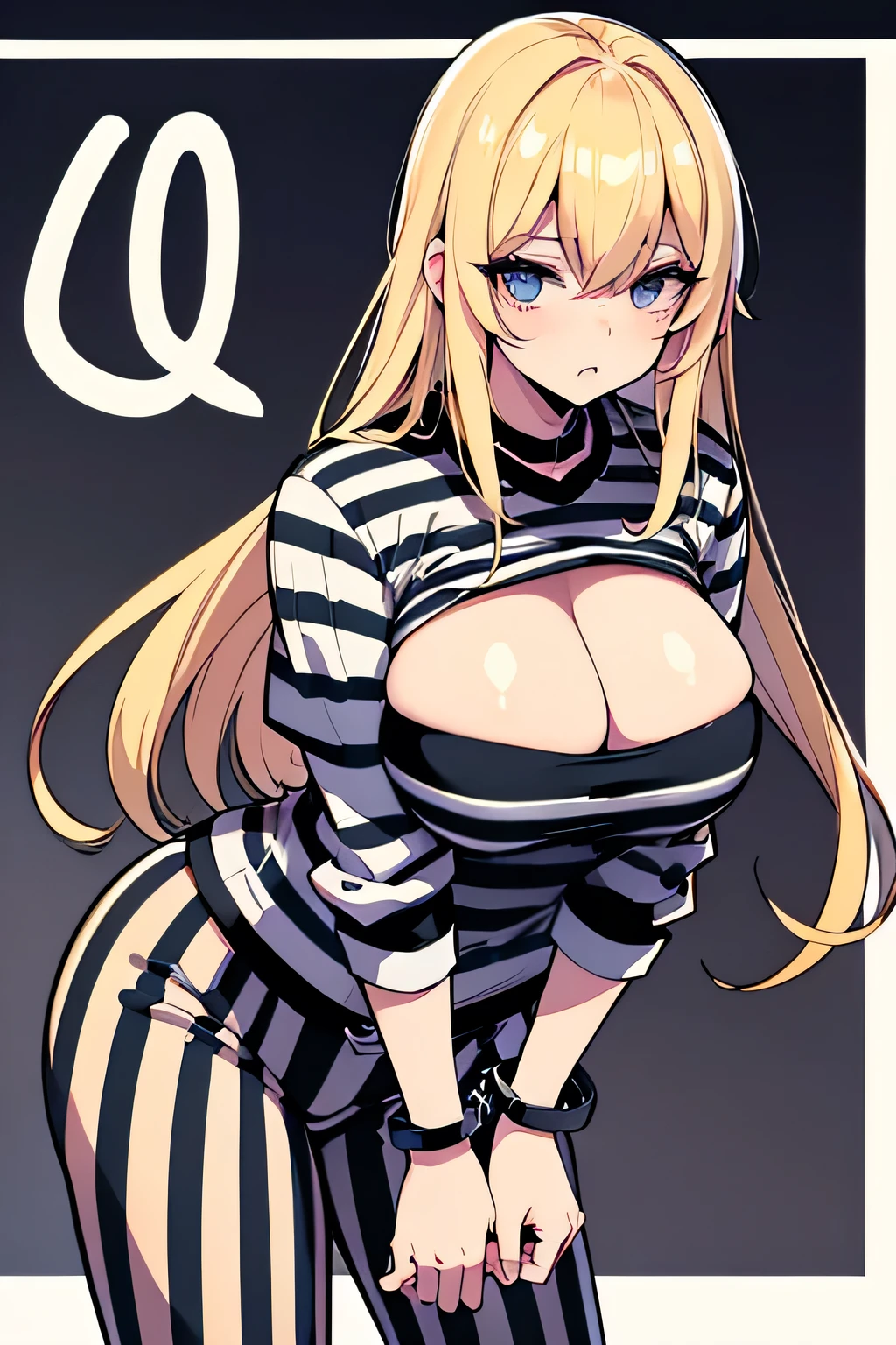 Long blonde hair, handcuffed, arrested, mature female, milf, big breasts ,40 years old, pon prison uniform, prisoner, black and white stripe prison uniform, waifu material, mature