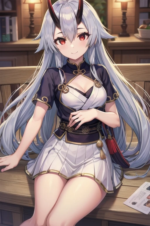 Masterpiece, best quality, tomoe gozen, torino style, 1person, red eyes, cute smile, hair between eyes, silver hair, very long hair, oni horns, looking at viewer, open blouse, small cleavage, short sleeves, skirt