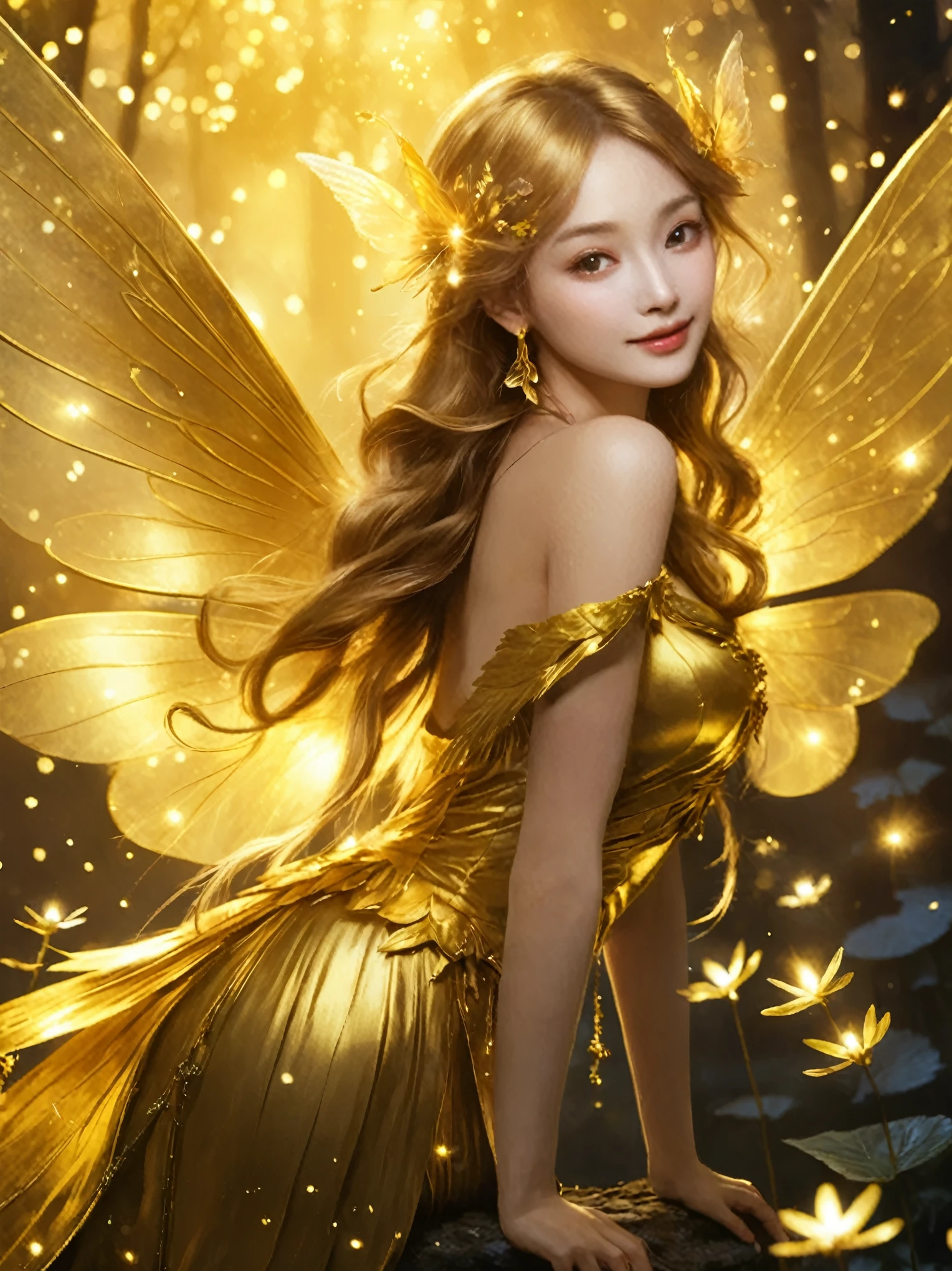 A picture of a beautiful young woman in her fifties wearing a gold dress, Fairy CG Association, Fairy Queenのように微笑む, Fairy portrait, Beautiful fairy, Fairy portrait, 黄gold wings, beautiful adult fairy, Beautiful fairys, with fiery 黄gold wings, Beautiful fairy, Beautiful fantasy art, Wonderful like a fairy, Fairy Queen, gold wings, Fairy Queen