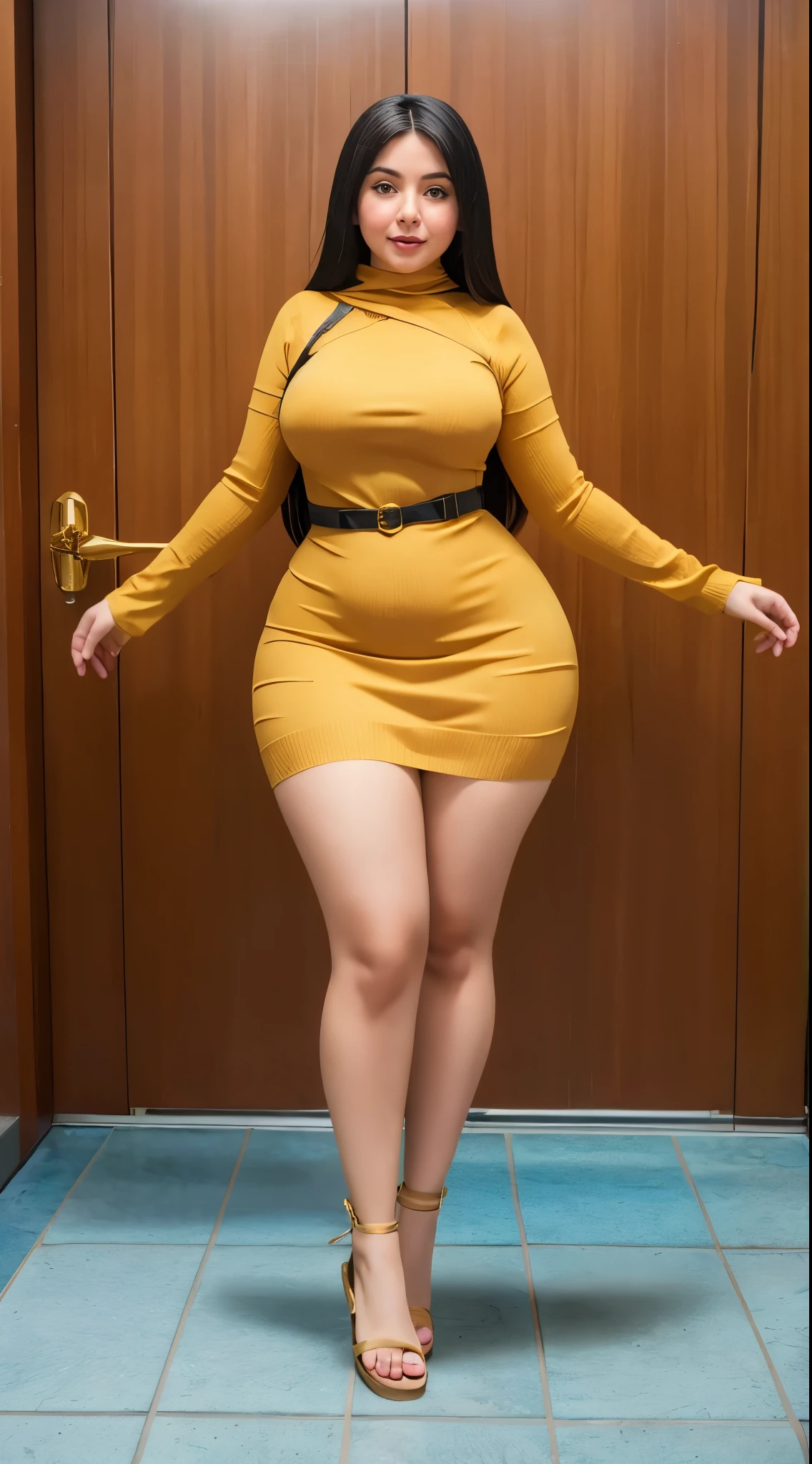 Arabic Woman in Indonesian , curvy body, very detail ,wide hips, loong legs ,thick high, full body in camera, wearing strap wedges, wearing mini sweater dress, long legs,