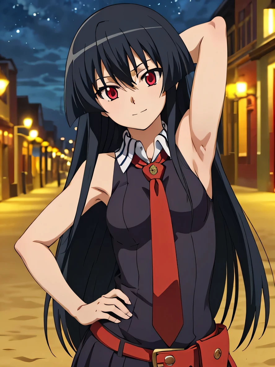 solo, 1girl, looking at viewer, 2D, anime, anime coloring, upper body, akame, necktie, sleeveless, looking at viewer, closed mouth, small smile, solo, night sky, beach, arm behind head, hand on hip, contrapposto, spread armpits,