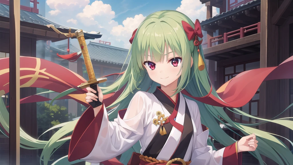 ((masterpiece)),(best quality),Official Art,Extremely detailed CG,Unity 8k Wallpaper,Super detailed,Beautiful and delicate eyes,Extremely detailed face,1 girl,solitary,,(whole body:1.5),(small:1.3),Smile,,Murasame,Very long hair,Green Hair,sides up,Purple bow,hairpin,Side Chain,Bangs,Red Eyes,Neck strap,Red belt,Ink wonderland,Clouds and mist,Sword Dance,Chinese ink style,Danqing,Long sleeves hanfu,Tai Chi Bagua Array,