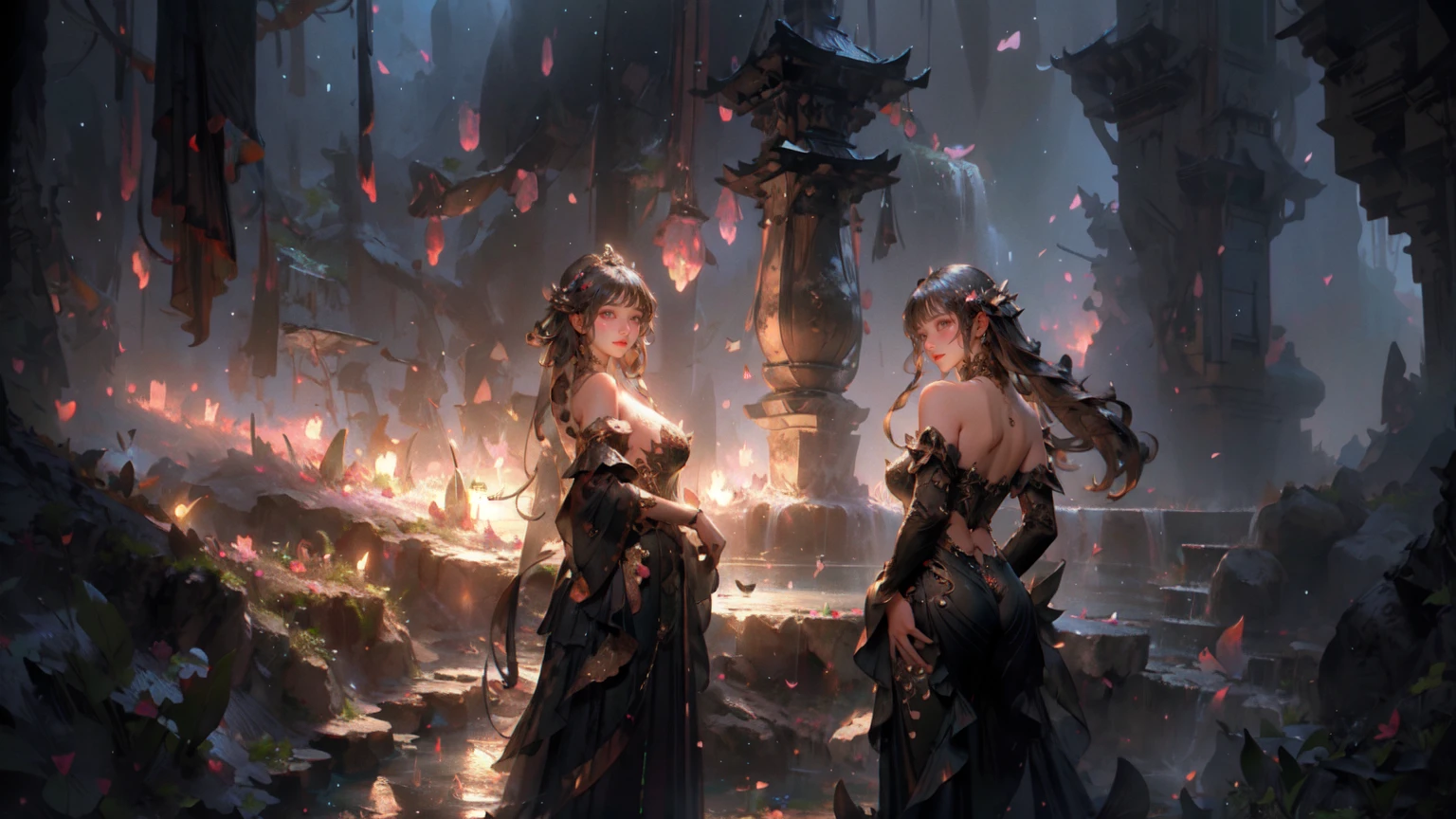 (A girl:2.0),(dress:1.9),nijistyle,Ethereal Background,Mysterious atmosphere,RAW photos,16K,drama灯光,rich and colorful,high quality,Precise focus,4D Cinema,drama,hyper-realistic illustration,Super detailed,absurd,Complex Mode, atmosphere,Ultra-high resolution, (Realistically:1.4),(Fractal Art:1.3),(Breasts droop outwards naturally),(Large Breasts),(Random hair color),(Showing shoulders and thighs),glowing scales,Princess Cut Hairstyle,full-body shot,watercourse,shrub,Outdoors in the wild,rock,ghostdom,night,backlight