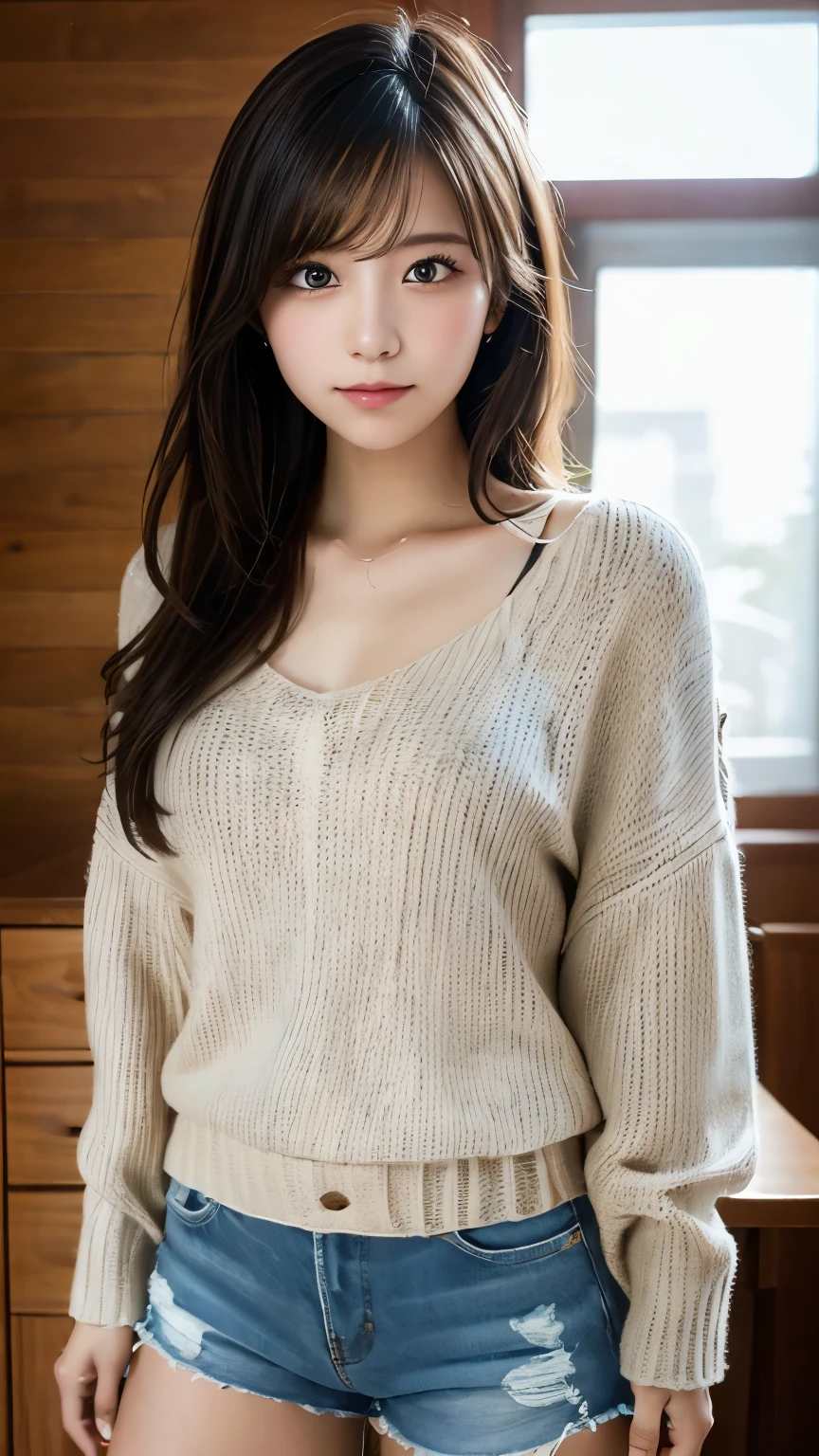 A young woman with long, flowing brown hair stands against a textured stone wall. She wears a soft, light beige sweater with a deep V-neck, highlighting her collarbone and neckline. Her expression is serene, with gentle features and natural makeup, as she gazes slightly over her shoulder. The warm tones of the image create an inviting atmosphere.