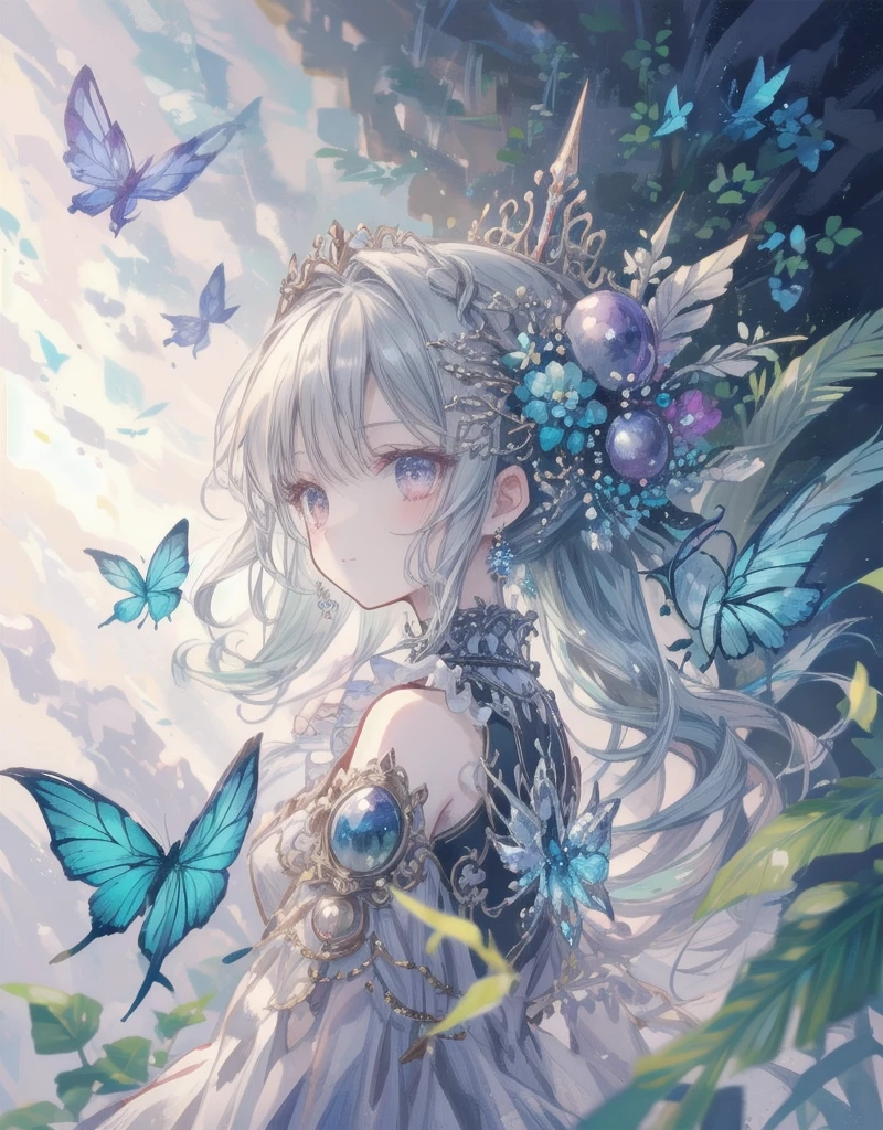 natural lighting, gentle smile, seductive grin, upturned cheeks, squinted eyes, half up-do, floating hair, coquettish hair, slightly shining hair, dress, silk, satin, gloss, luster, see through, 1girl, solo, profile, crystal, glassy gloss, amorphous dress, fire fly, lighting fly, butter fly, morpho, jewelry, ornaments, antique, spring ephemerals, day time, blue sky, high saturation, warm color, summer, tropical flowers, alchemist, laboratory, fantasy costume, 