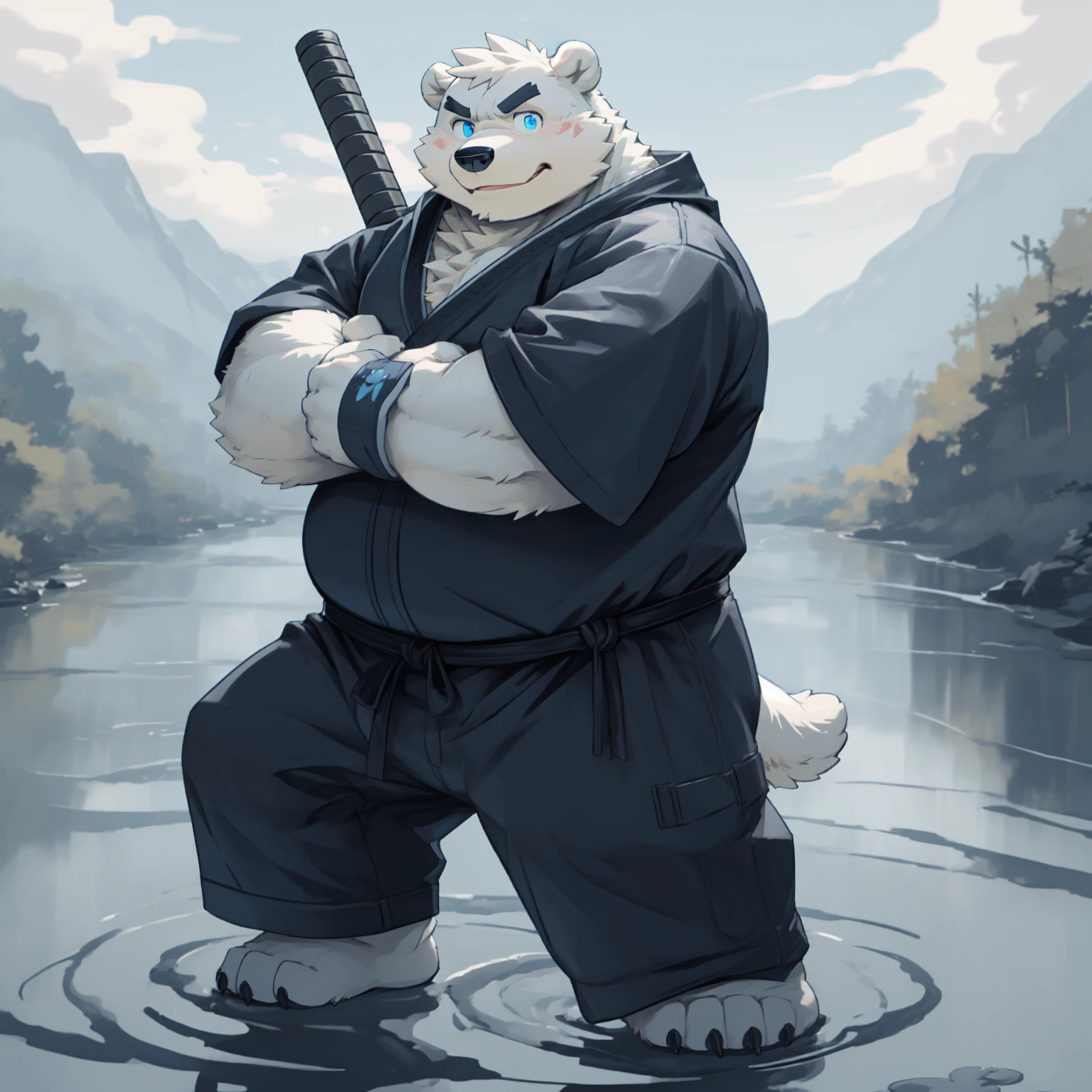 New Jersey 5 Furry，polar bear，Solitary，Chubby，Fat，Thick arms，Rugged muscles，(White plush fur)，Chubby脸，Black eyebrows，Sky blue eyes，masterpiece，riverside，river，Tattered Ninja Costume，Ninja pants，Carry a katana，Cross your arms，Disdainful expression，Smile，Awkward，Dynamic poses，Masterpiece，Highest image quality 