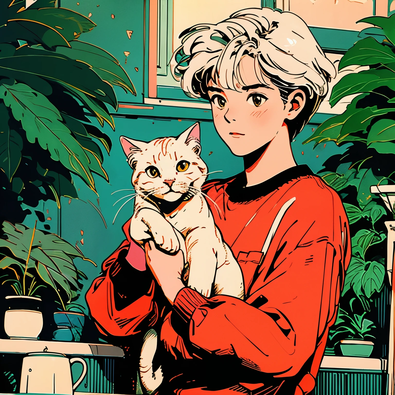 White cat, 4k, Warm colors , A coffee shop with lots of plants、Complex background