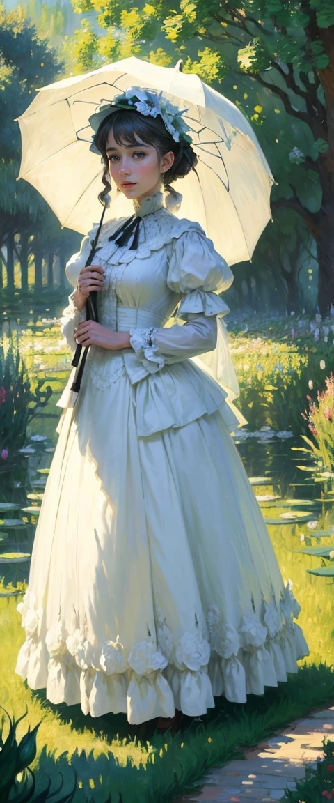 painting of a woman in a white dress holding a green umbrella, standing with a parasol, monet painting, monet painted, by claude monet, by Claude Monet, charles monet, style of monet, claude monet), by Monet, an impressionist painting, by Blanche Hoschedé Monet, calude monet style, style of claude monet, monet. stunning lighting, 