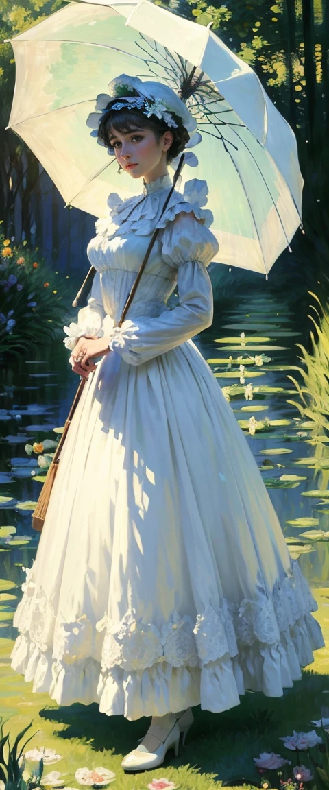 painting of a woman in a white dress holding a green umbrella, standing with a parasol, monet painting, monet painted, by claude monet, by Claude Monet, charles monet, style of monet, claude monet), by Monet, an impressionist painting, by Blanche Hoschedé Monet, calude monet style, style of claude monet, monet. stunning lighting, 