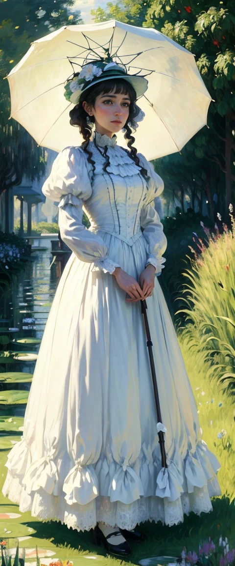 painting of a woman in a white dress holding a green umbrella, standing with a parasol, monet painting, monet painted, by claude monet, by Claude Monet, charles monet, style of monet, claude monet), by Monet, an impressionist painting, by Blanche Hoschedé Monet, calude monet style, style of claude monet, monet. stunning lighting, 