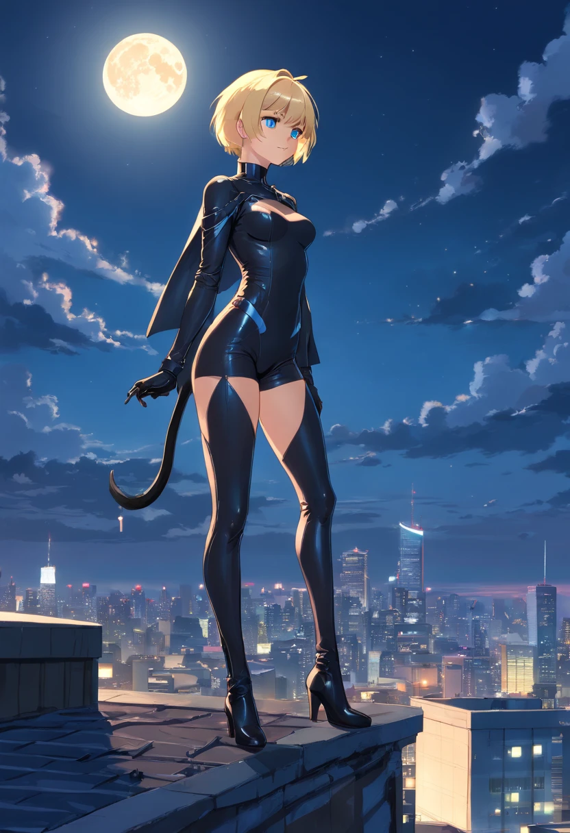 Women, ((Blonde)), ((Blue eyes)), ((Short hair)), ((Full shot)), She wears an all black catwoman costume with high heeled boots, she is standing on a roof with the moon in the background ((Full Body))