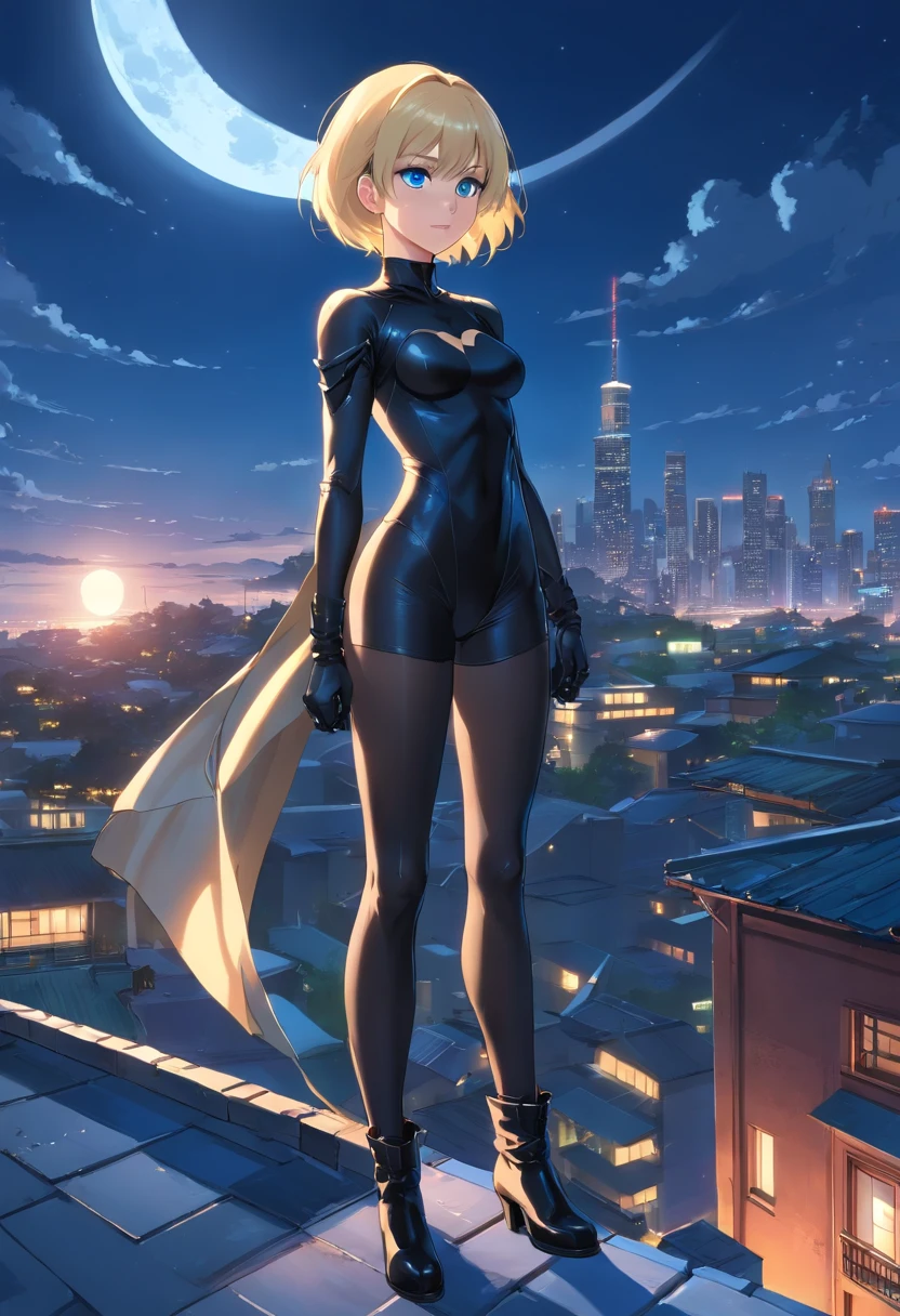 17 years old Women, ((Blonde)), ((Blue eyes)), ((Short hair)), ((Full shot)), She wears an all black catwoman costume with high heeled boots, she is standing on a roof with the moon in the background ((Full Body))