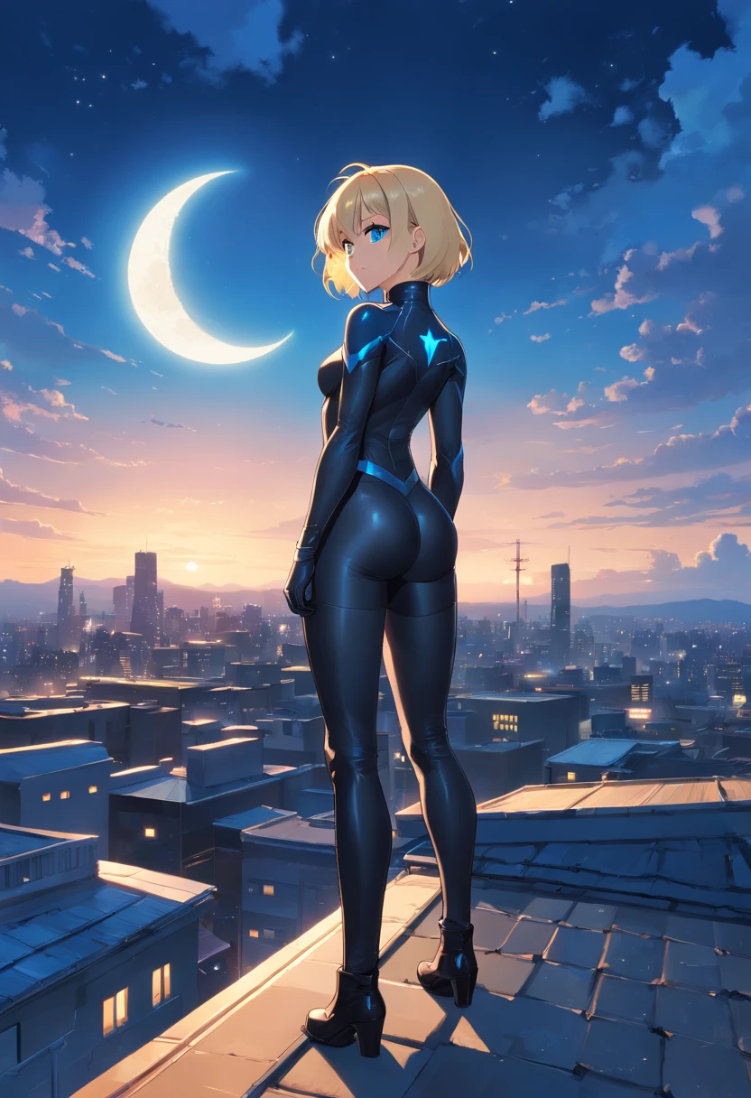 17 years old Women, ((Blonde)), ((Blue eyes)), ((Short hair)), ((Full shot)), She wears an all black catwoman costume with high heeled boots, she is standing on a roof with the moon in the background ((Full Body))
