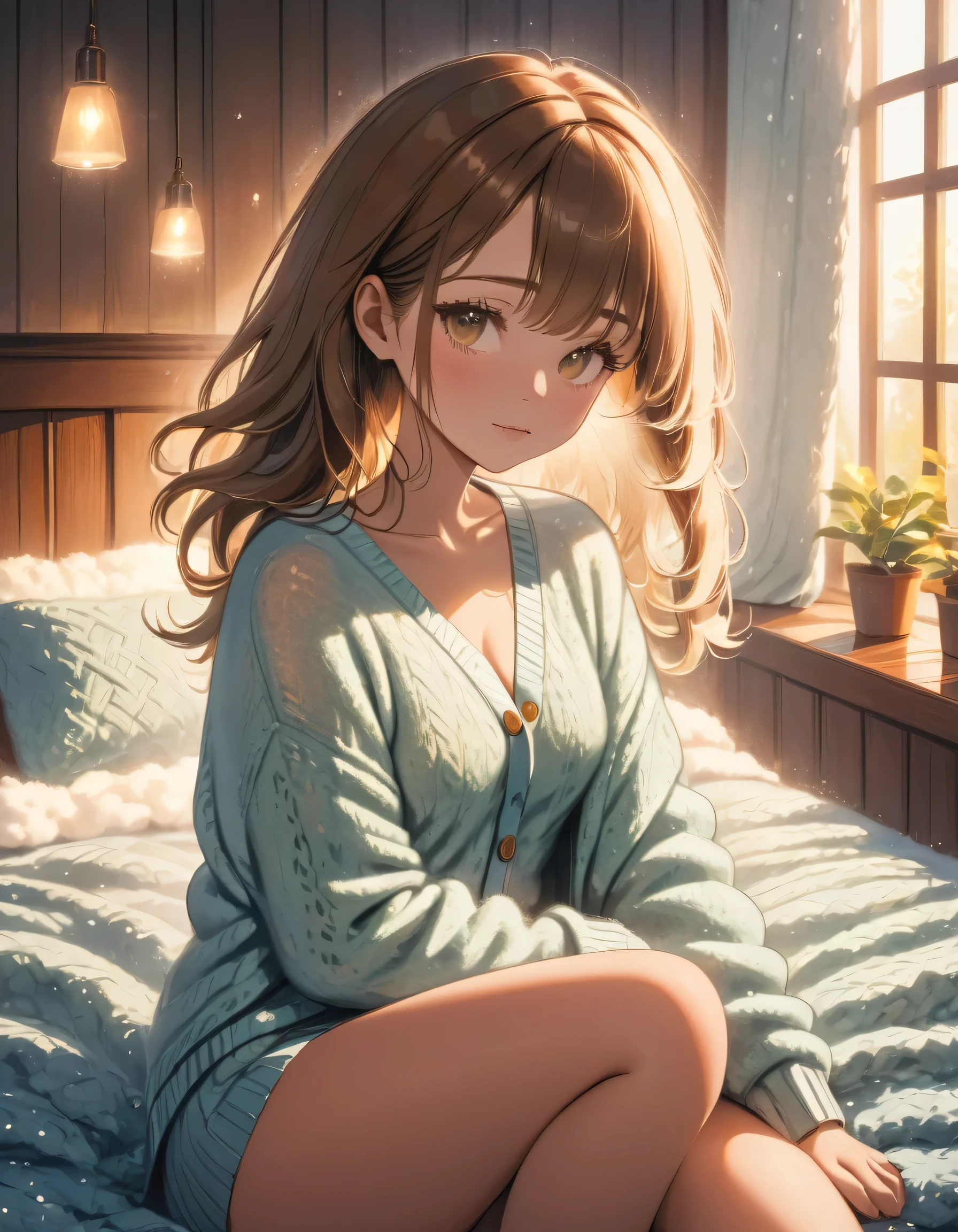 Polaroid photo, masterpiece, highest quality, One Girl, Morning relaxation, quiet, peaceful, sexy, relax, Fluffy knit cardigan, Warm lighting, Watery eyes, I can see your chest
