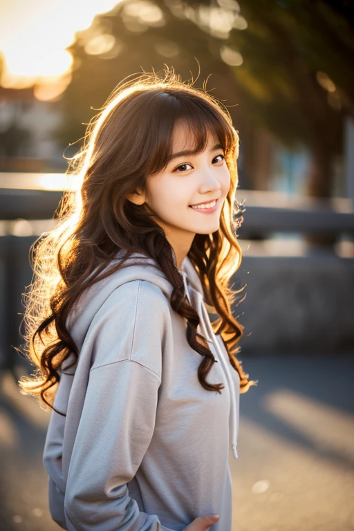 best quality,detailed beautiful skin,1 girl,long curly hair,bangs,brown hair,smile,medium breasts,hoodie,backlighting,jeans,sneakers,