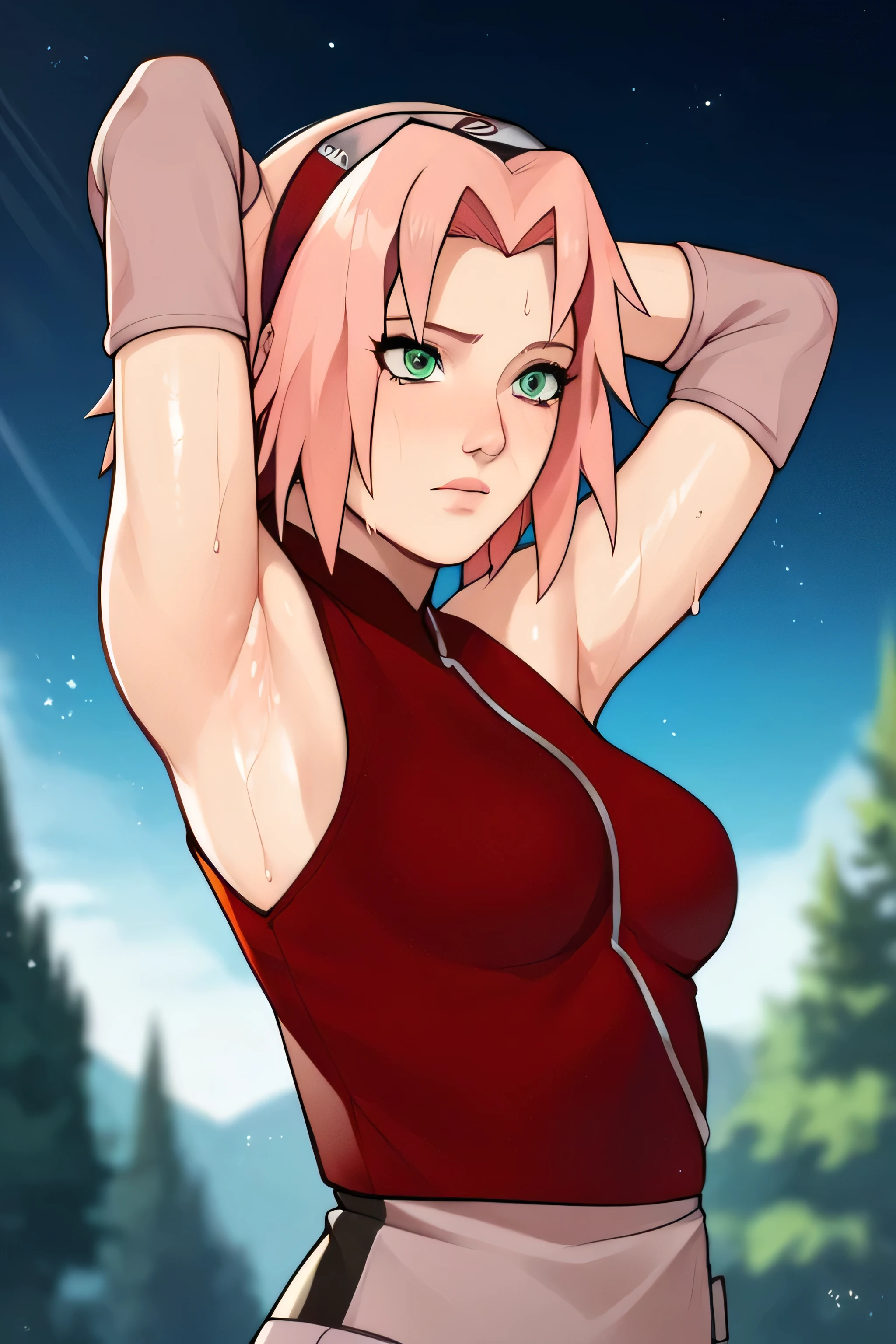 score_9,score_8_up,score_7_up,score_6_up,score_5_up,score_4_up BREAK skinny,choker,medium breasts,detached sleeves,outdoors,forest,shiny skin,bokeh,bloom,indoors,light particles,castle,space,1girl,haruno sakura,pink hair,short,hair,green eyes,forehead protector,armpits,arms up,armpit,sweaty armpit,arms behind head,awesome armpits,sweat,sweaty,exhausted,exhaustion
