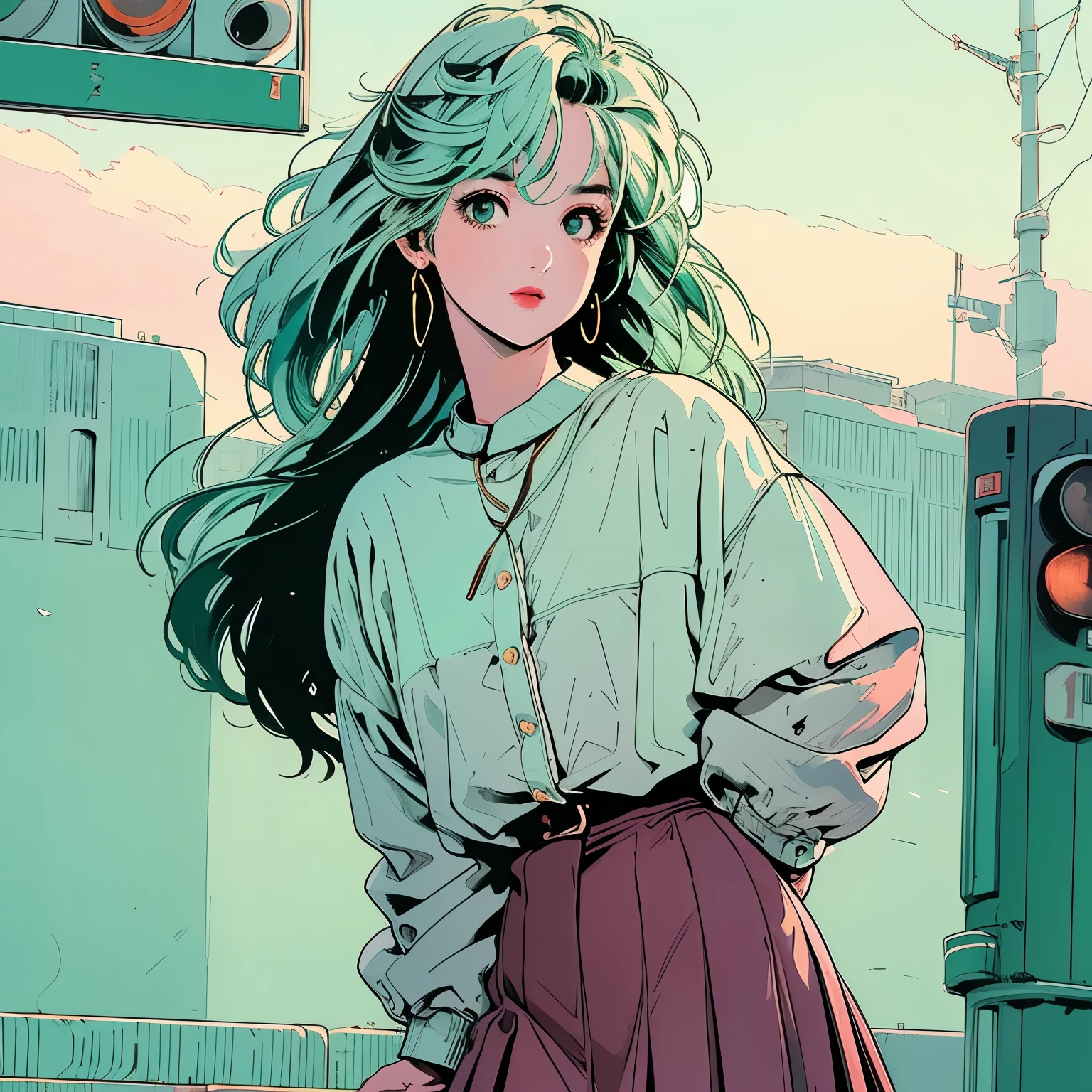 whole body, Upper Body、One beautiful woman, 4k, Warm colors , White blouse、skirt, pedestrian crossing、Signal, 、intersection、Complex background、Pale green hair