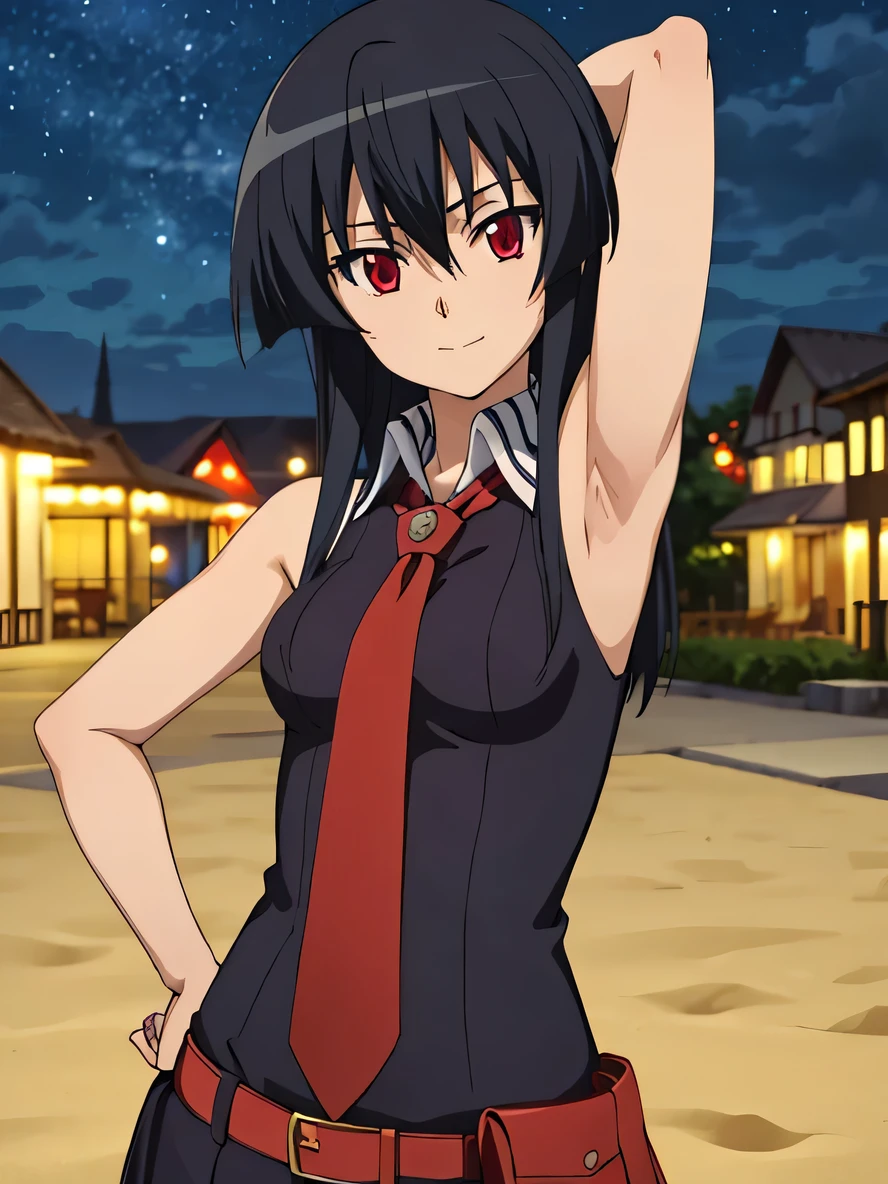 solo, 1girl, looking at viewer, 2D, anime, anime coloring, upper body, akame, necktie, sleeveless, looking at viewer, closed mouth, small smile, solo, night sky, beach, arm behind head, hand on hip, contrapposto, spread armpits,
