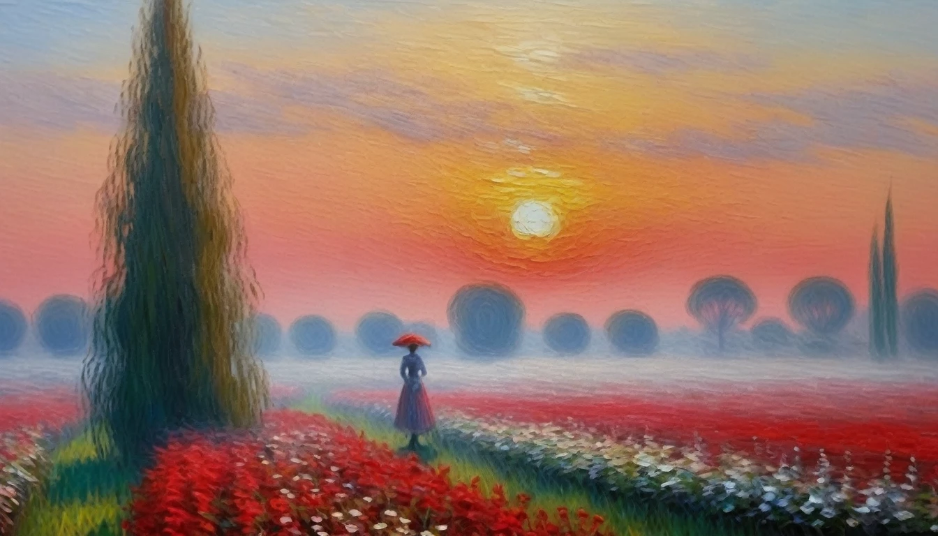 [[(fog earl morgen : young beauty flored garden , crimson)((Claude Monet style!!!))])):20]/[background: landscape Renaissance, impressionism and expressionism, old canva, (silver fog sunset), ((landscape style Claude Monet:1,6))]/[very colorful,((oil painting palette knife))((masterpiece)),((highest detail))]]