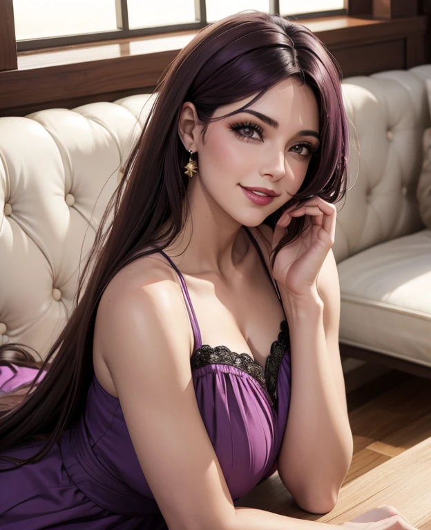 Hermosa Venus de cabello morado ondulado sonriendo vestido de campesina labios granate 