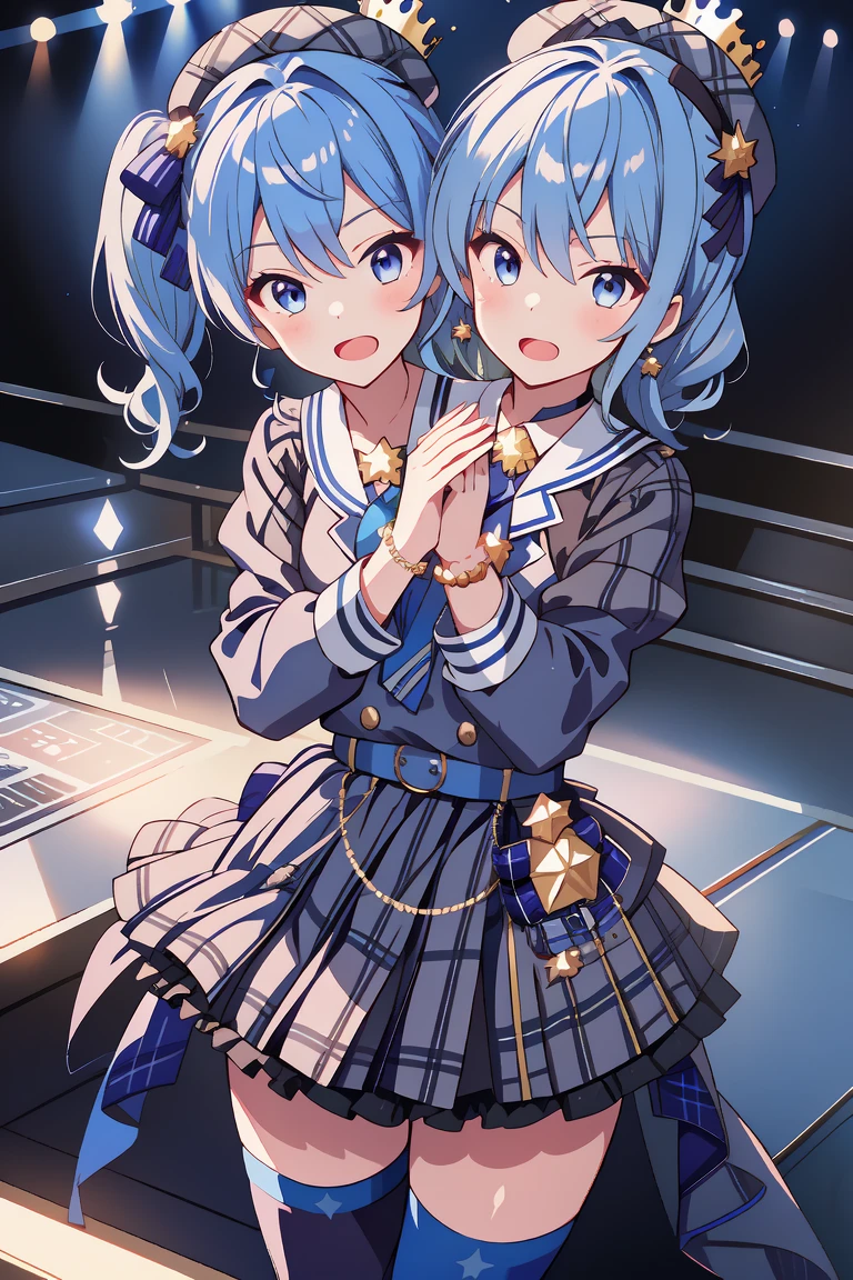 (masterpiece, best quality), best resolution, 16k, (2heads:1.5), close-up, 1girl, solo, HoshimachiSuisei, side ponytail, blue hair ribbon, SuiseiBase, plaid beret, crown, blue star choker, star earrings, blue ascot, plaid jacket, plaid skirt, layered skirt, partially fingerless gloves, star bracelet, uneven legwear, thigh strap, (standing, stand straight), look at viewer, ((own hands together, praying hangs)), ((cheek-to-cheek)), singing, open mouth, stable, concert stage, starfield, spotlight