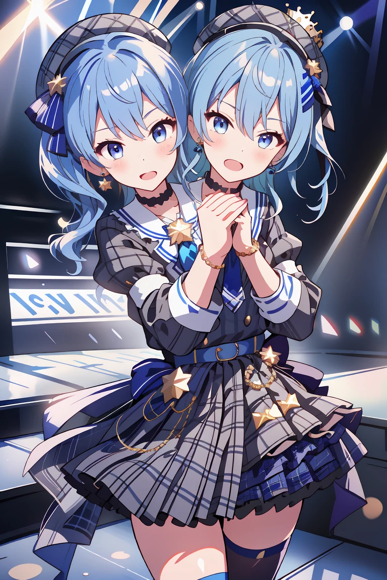 (masterpiece, best quality), best resolution, 16k, (2heads:1.5), close-up, 1girl, solo, HoshimachiSuisei, side ponytail, blue hair ribbon, SuiseiBase, plaid beret, crown, blue star choker, star earrings, blue ascot, plaid jacket, plaid skirt, layered skirt, partially fingerless gloves, star bracelet, uneven legwear, thigh strap, (standing, stand straight), look at viewer, ((own hands together, praying hangs)), ((cheek-to-cheek)), singing, open mouth, stable, concert stage, starfield, spotlight
