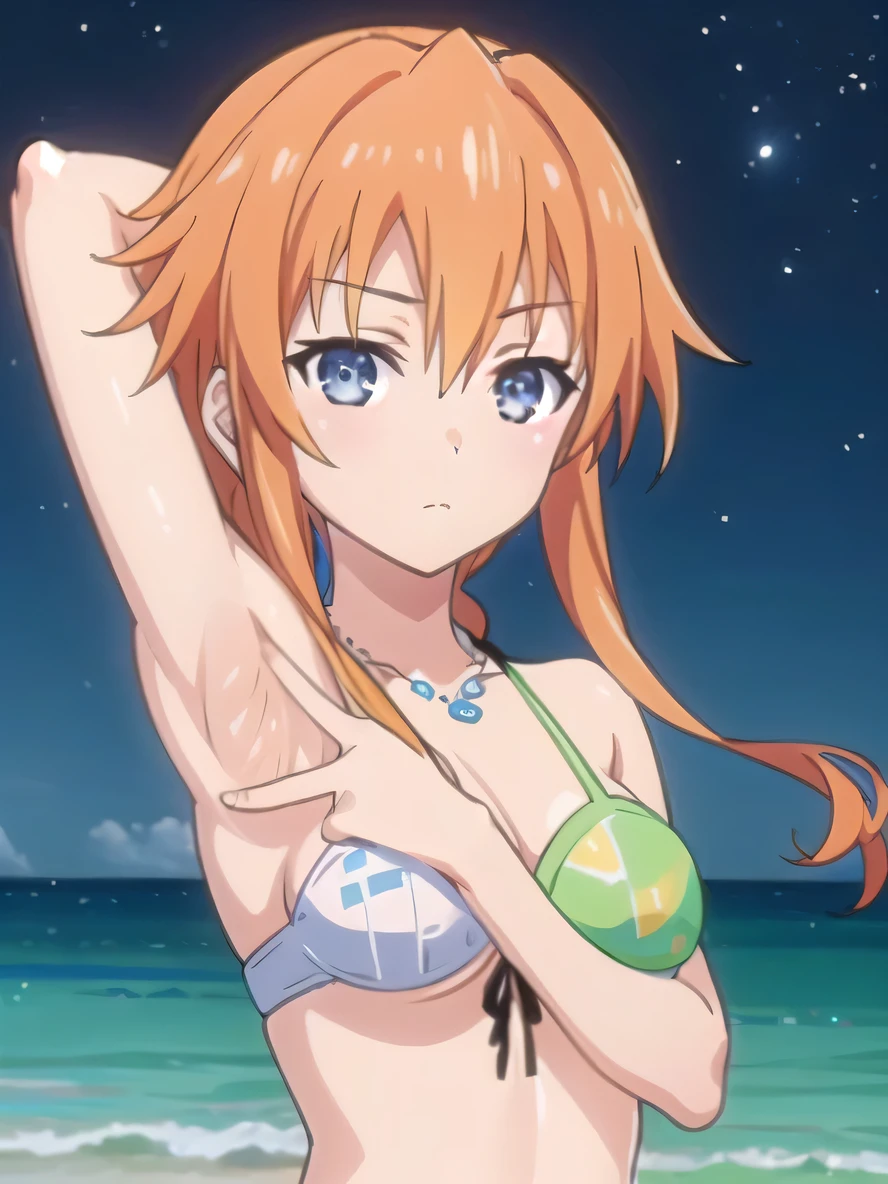 (((pixel-perfect, detail-perfect))), solo, 1girl, yuzuru yamai, white bikini, necklace, green panty, looking at viewer, closed mouth, night sky, beach, {contrapposto}, expressionless, spread armpits, upper body, arms behind head, best quality,