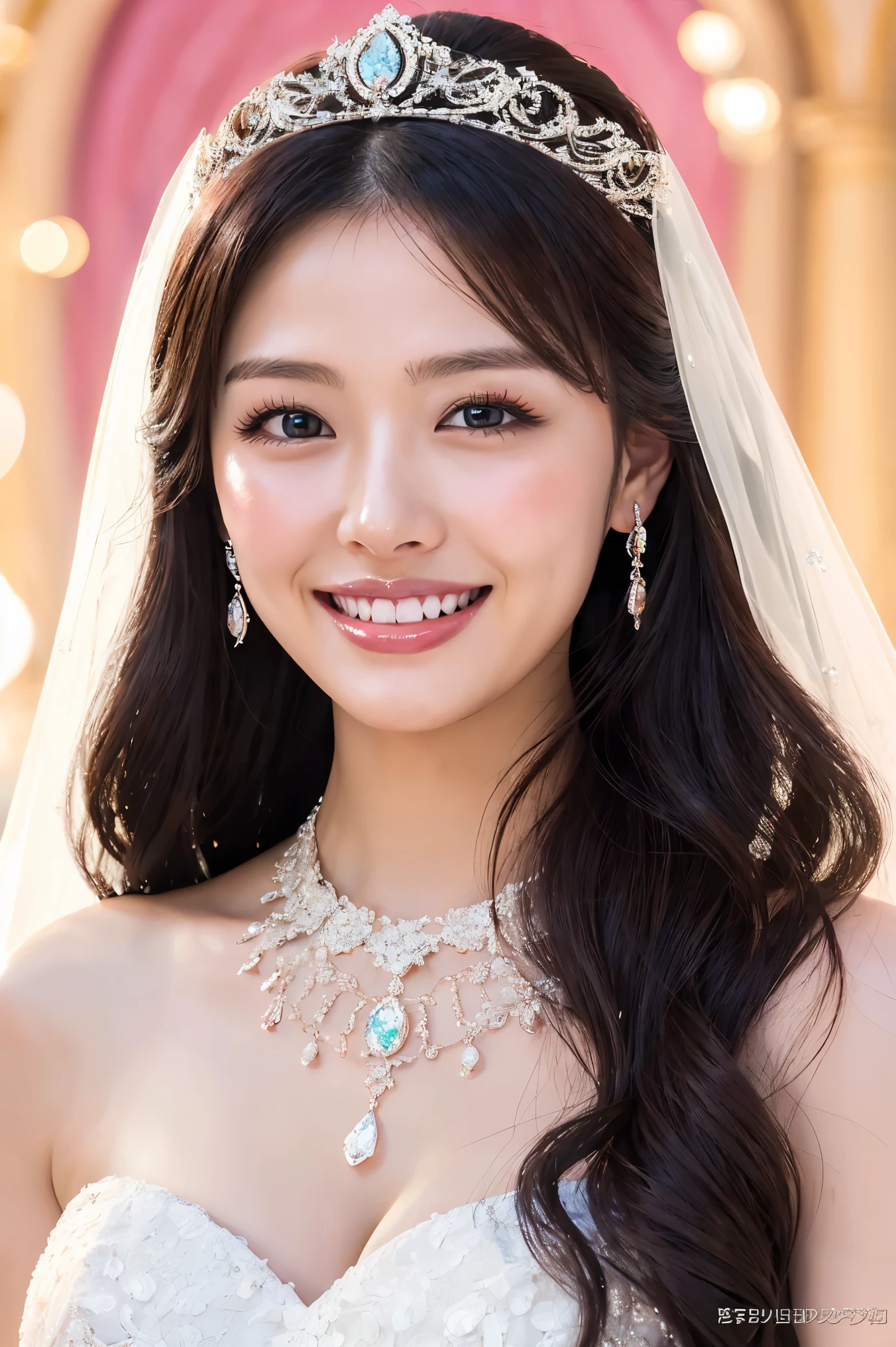 (highest quality、Tabletop、8k、Best image quality、Award-winning works)、One beautiful bride、(alone:1.1)、(The most extravagant and gorgeous huge wedding dresses:1.1)、(Perfect Wedding Lace:1.2)、(The most extravagant and luxurious giant tiara:1.1)、(The most extravagant and luxurious giant necklace:1.1)、The most beautiful smile is looking at me、A wide selection of the finest jewellery、(Bridal upper body photo:1.1)、Perfect Makeup、Long eyelashes、Ultra HD Shining Eyes、Ultra HD Hair、Ultra High Resolution Glossy Lips、Ultra High Resolution Perfect Teeth、Beautiful face in ultra-high definition、(Accurate anatomy:1.1)、(Very bright and beautiful skin:1.2)、(very bright and vivid:1.2)、(Luxury wedding venue background:1.1)