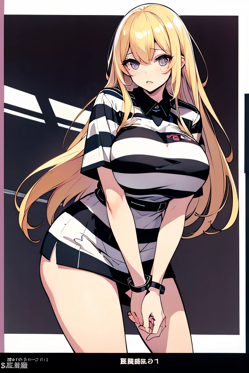 Long blonde hair, handcuffed, arrested, mature female, milf, big breasts ,40 years old, pon prison uniform, prisoner, black and white stripe prison uniform, waifu material, mature