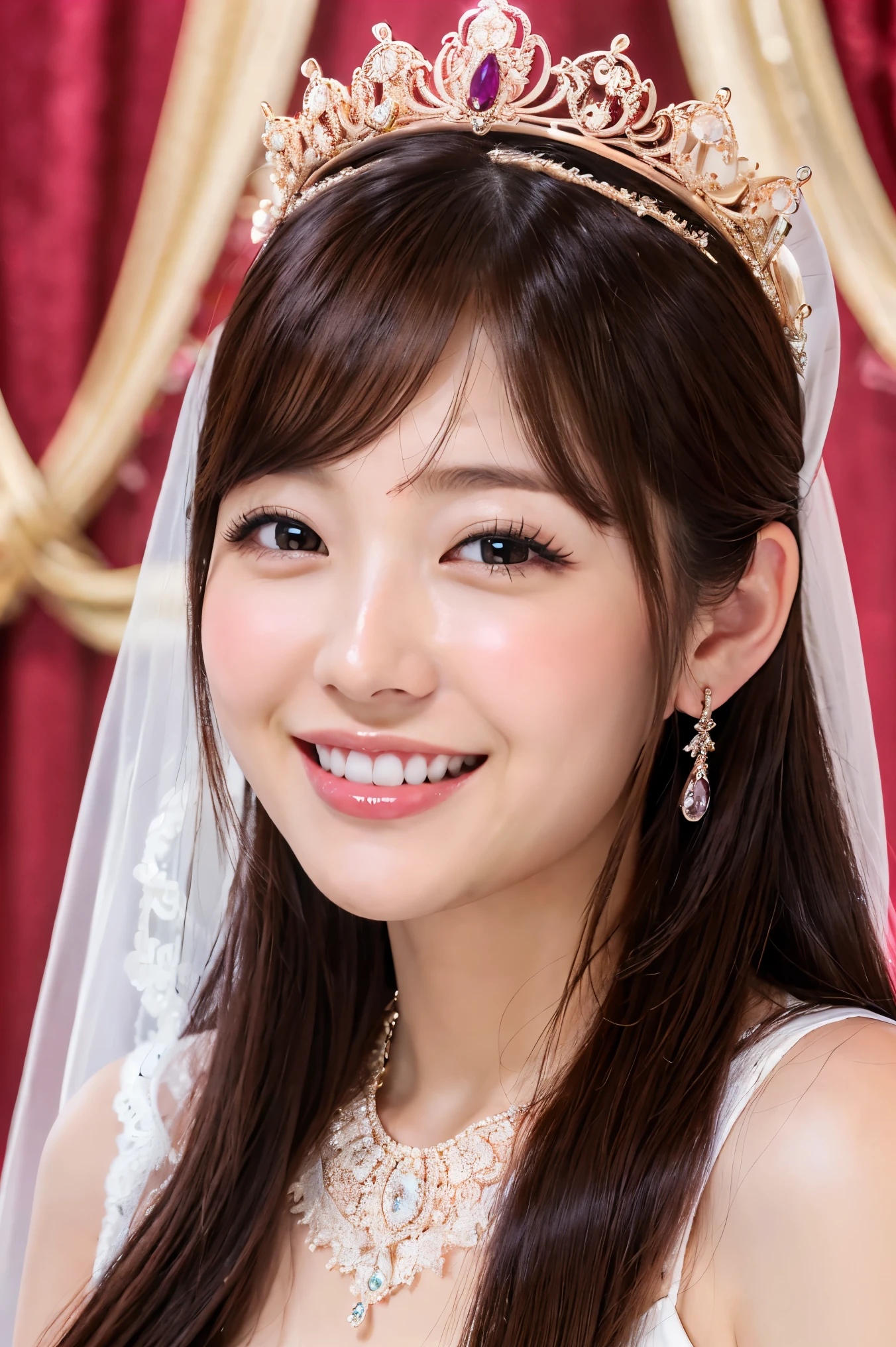 (highest quality、Tabletop、8k、Best image quality、Award-winning works)、One beautiful bride、(alone:1.1)、(The most extravagant and gorgeous huge wedding dresses:1.1)、(Perfect Wedding Lace:1.2)、(The most extravagant and luxurious giant tiara:1.1)、(The most extravagant and luxurious giant necklace:1.1)、The most beautiful smile is looking at me、A wide selection of the finest jewellery、(Bridal upper body photo:1.1)、Perfect Makeup、Long eyelashes、Ultra HD Shining Eyes、Ultra HD Hair、Ultra High Resolution Glossy Lips、Ultra High Resolution Perfect Teeth、Beautiful face in ultra-high definition、(Accurate anatomy:1.1)、(Very bright and beautiful skin:1.2)、(very bright and vivid:1.2)、(Luxury wedding venue background:1.1)