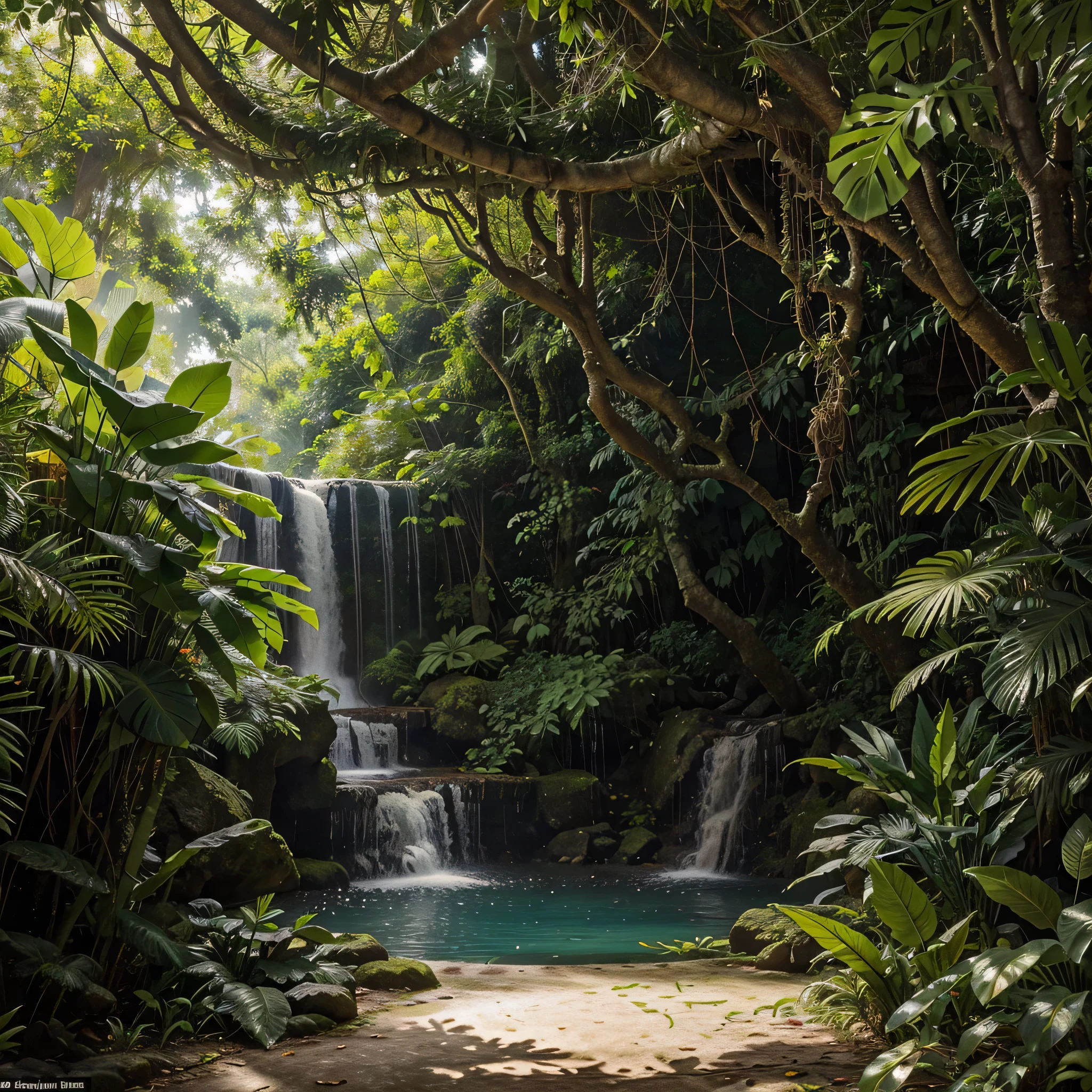 (masterpiece, best quality:1.1), Natural wallpaper, a mystical jungle retreat with dense, verdant foliage and ancient trees intertwined with hanging vines, a hidden waterfall cascading into a serene pool surrounded by vibrant tropical flowers and lush ferns, exotic birds and butterflies adding a splash of color and life, sunlight piercing through the canopy creating ethereal beams of light, the air filled with the sounds of rustling leaves and distant animal calls, illustration style, intricate and detailed line work with rich, vibrant colors,