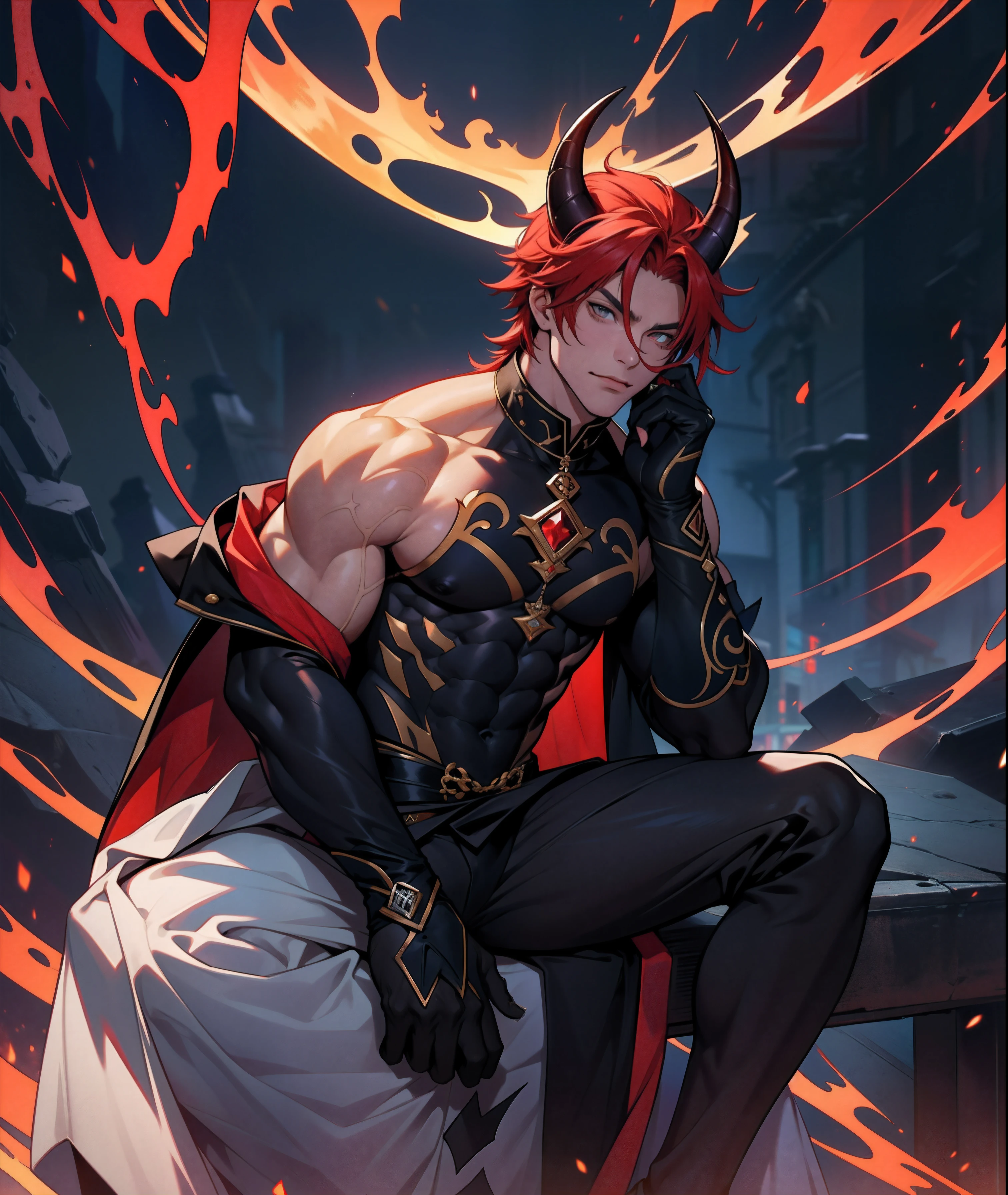 demonio, demon horn，Best quality at best，Dadalya（Impacto Genshin , Luvas，Bowed muscles;，Bulging of the pectoral muscles，luvas brancas，Abs，Foco masculino，1st grade，Olhos vermelhos，Luva preta，sozinho，red hair，Olhos vermelhos，capa preta，cabelo entre os olhos，（（Virilha Saliente）），sexy,(master part, best quality),（white business suit），auto-seguro，Divirta-se，sentindo dor，half human demon