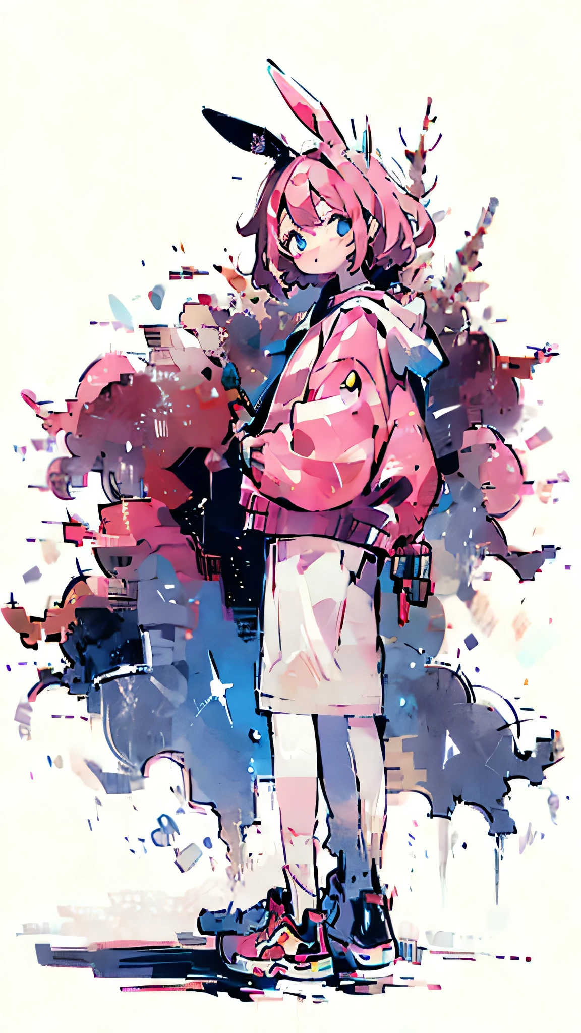 Cute bunny girl, pink hair, wearing red glasses, blue eyes, pale skin, masterpiece, high quality, beautiful